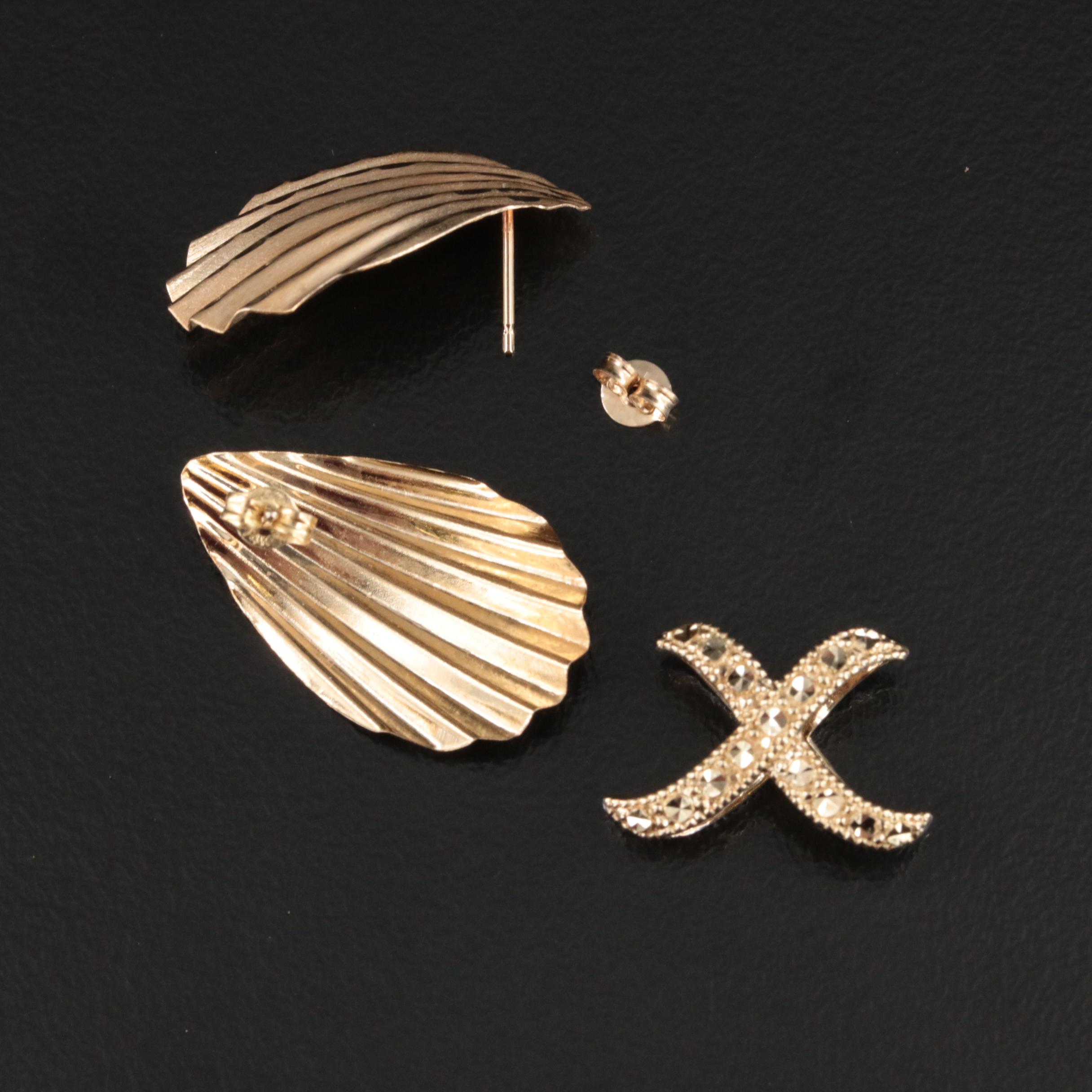 14K Fluted Earrings and 10K Crossover Slide Pendant