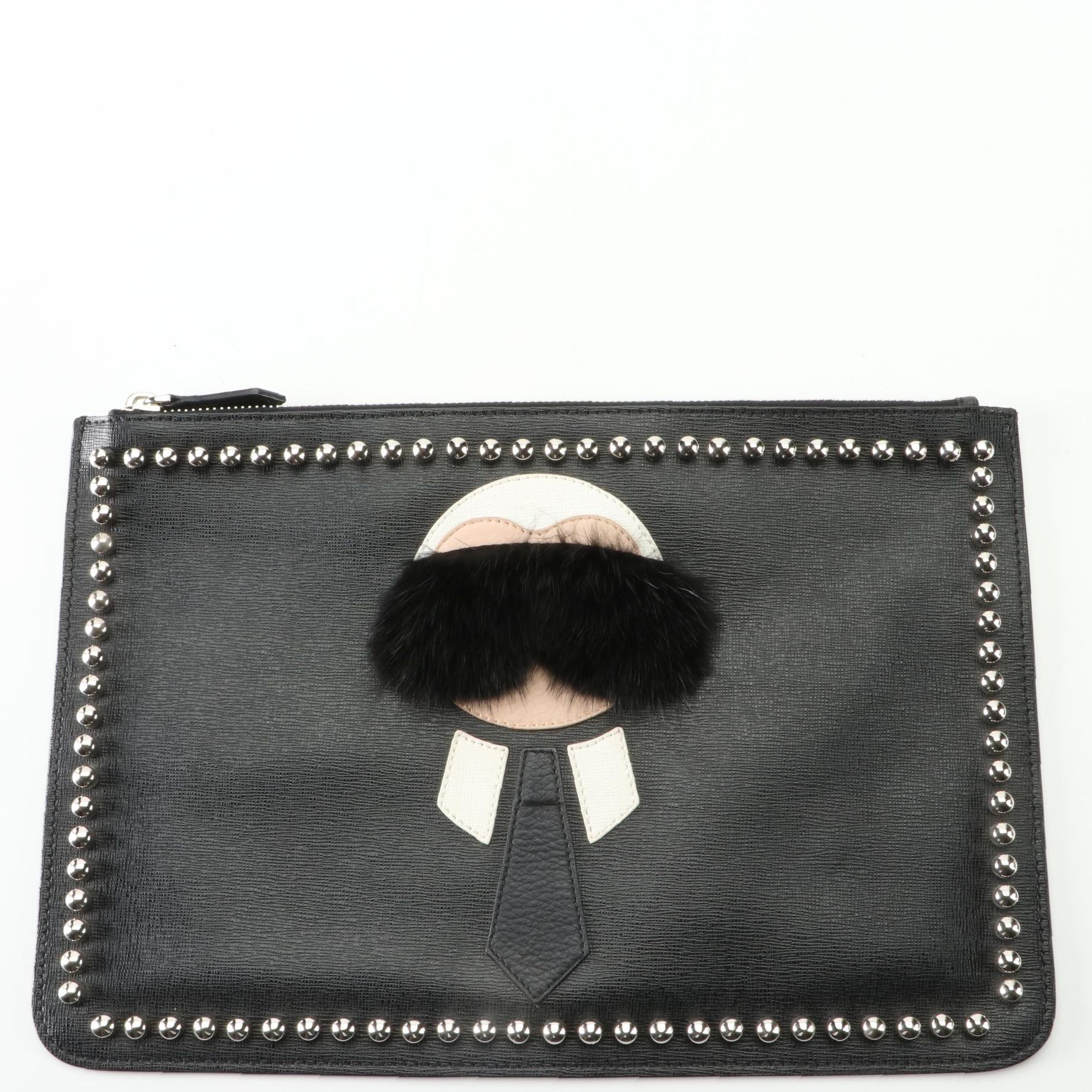 Fendi Karlito Zip Clutch in Black Coated Canvas and Mink Fur Trim