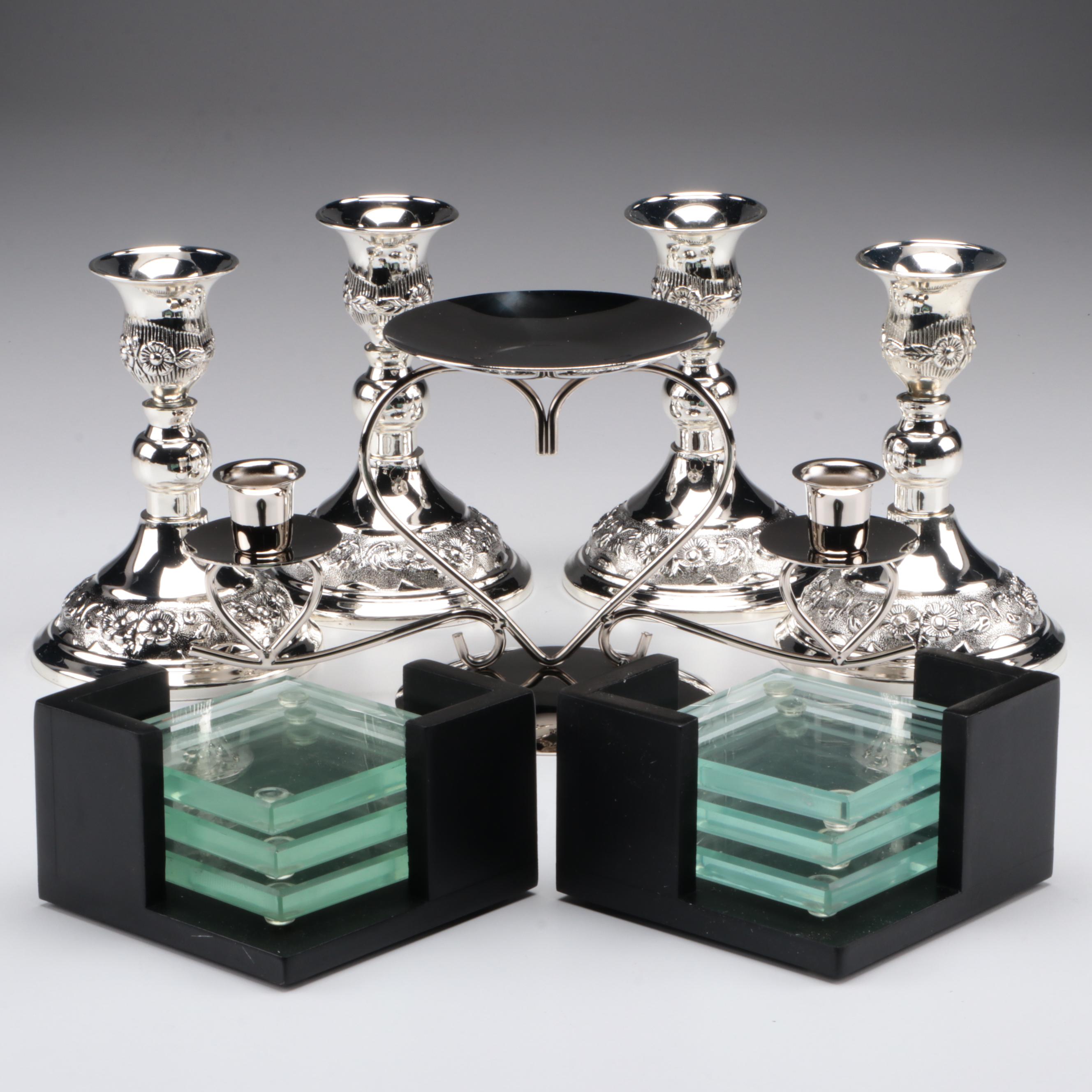 Godinger Chromed Metal Candlesticks With Candle Stand and Glass Coasters