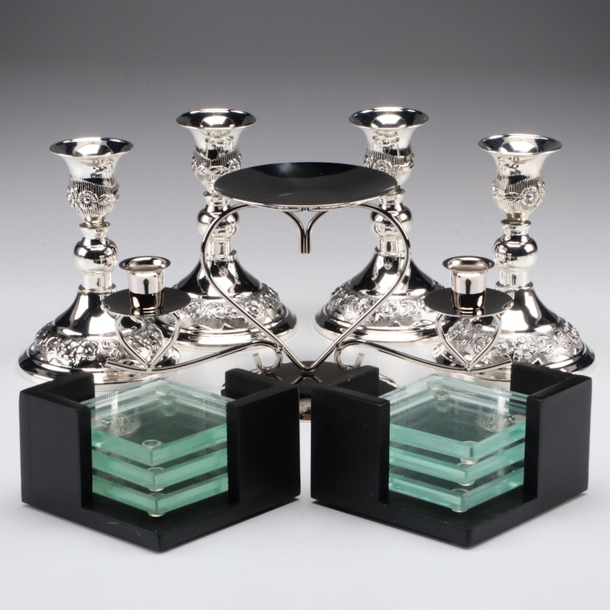 Godinger Chromed Metal Candlesticks With Candle Stand and Glass Coasters