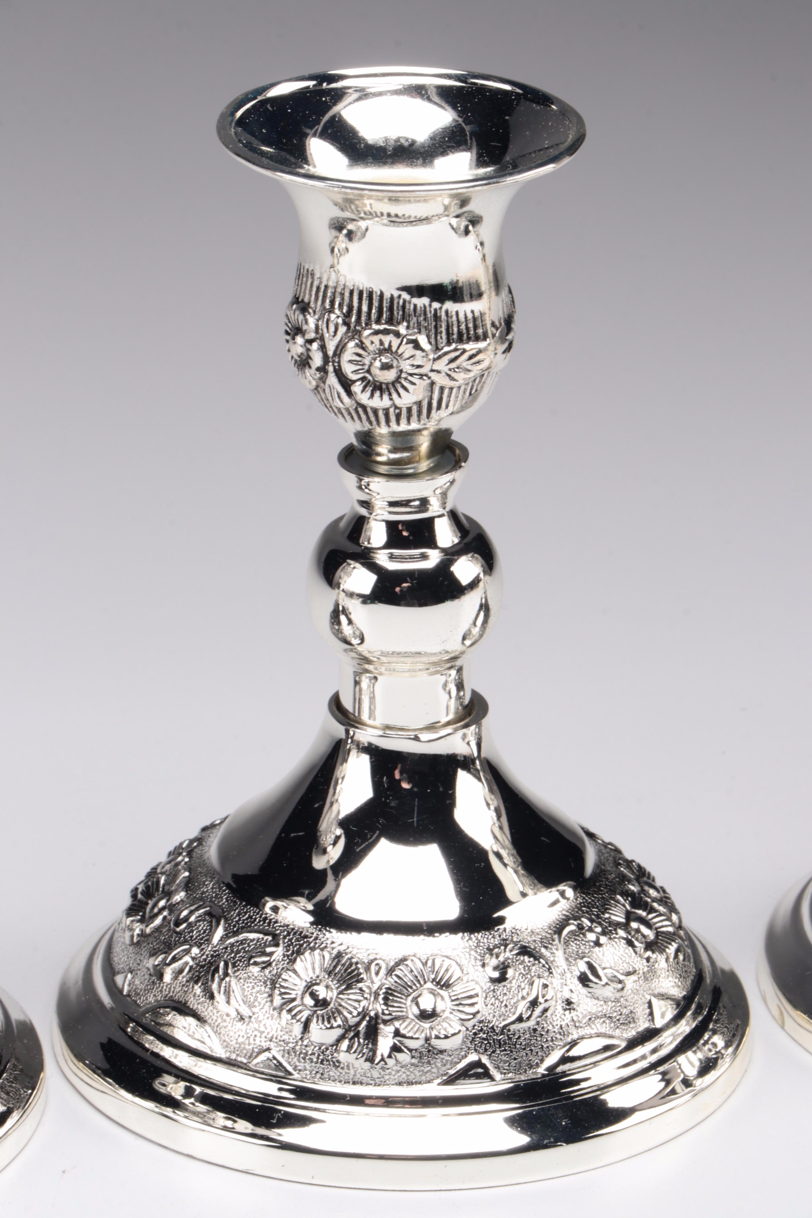 Godinger Chromed Metal Candlesticks With Candle Stand and Glass Coasters