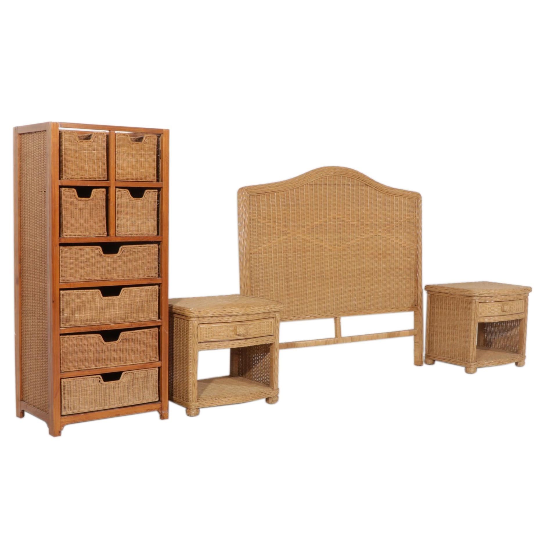 Pier 1 "San Angelo" Wicker Nightstands and Headboard with 8-Basket Wooden Chest