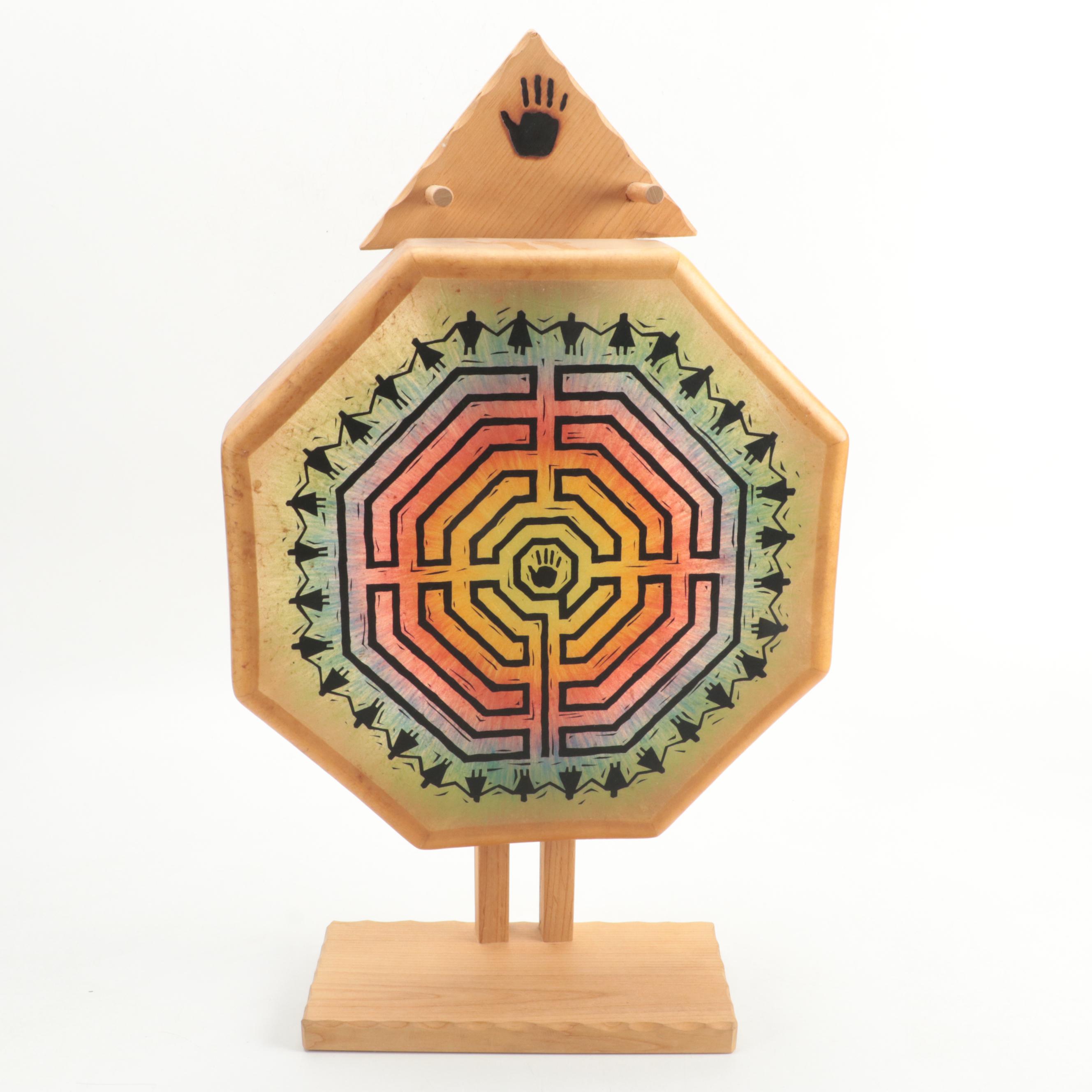 All One Tribe Hide Drum with Stand and Feather and Fur Ornamented Stick