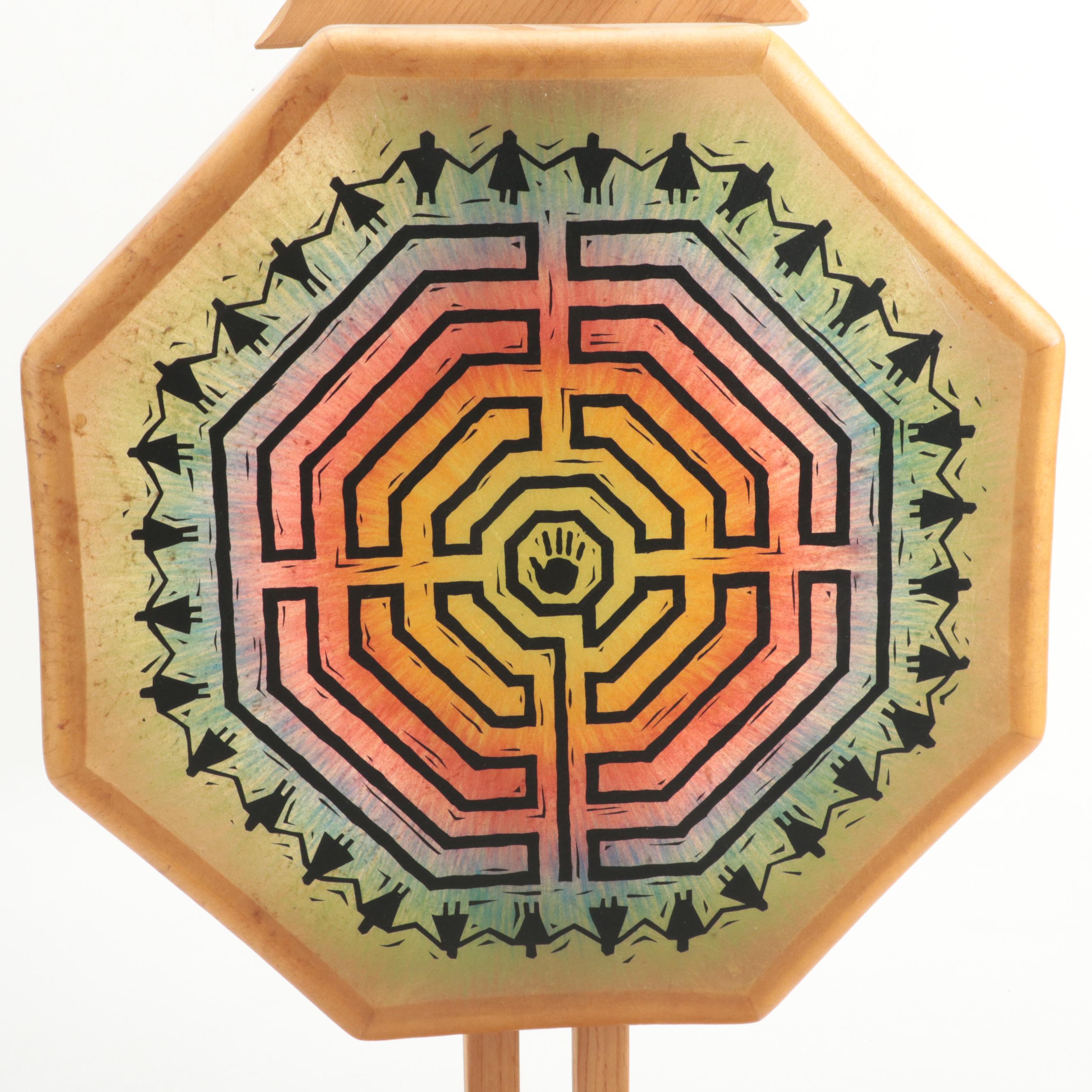 All One Tribe Hide Drum with Stand and Feather and Fur Ornamented Stick