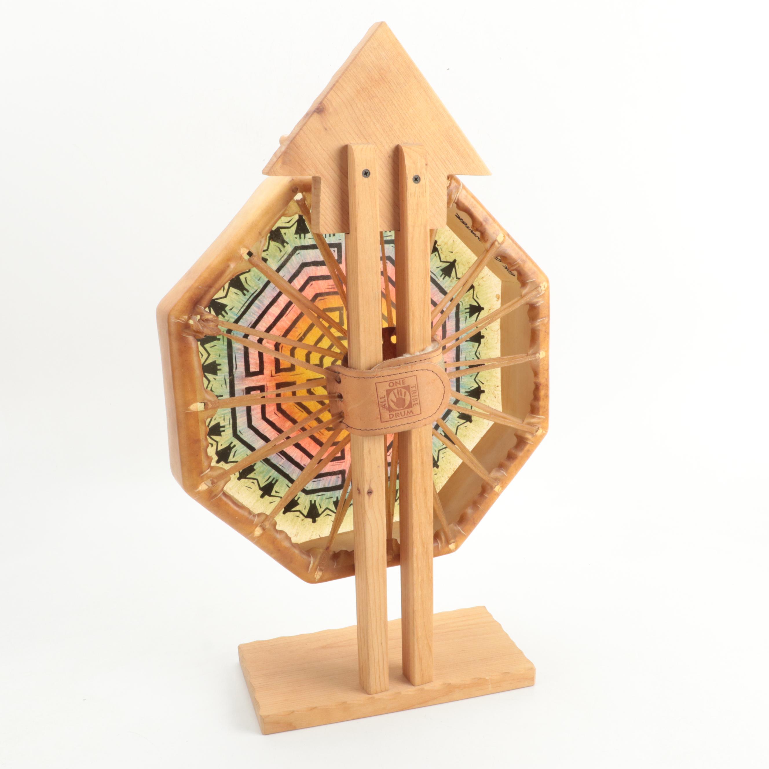 All One Tribe Hide Drum with Stand and Feather and Fur Ornamented Stick