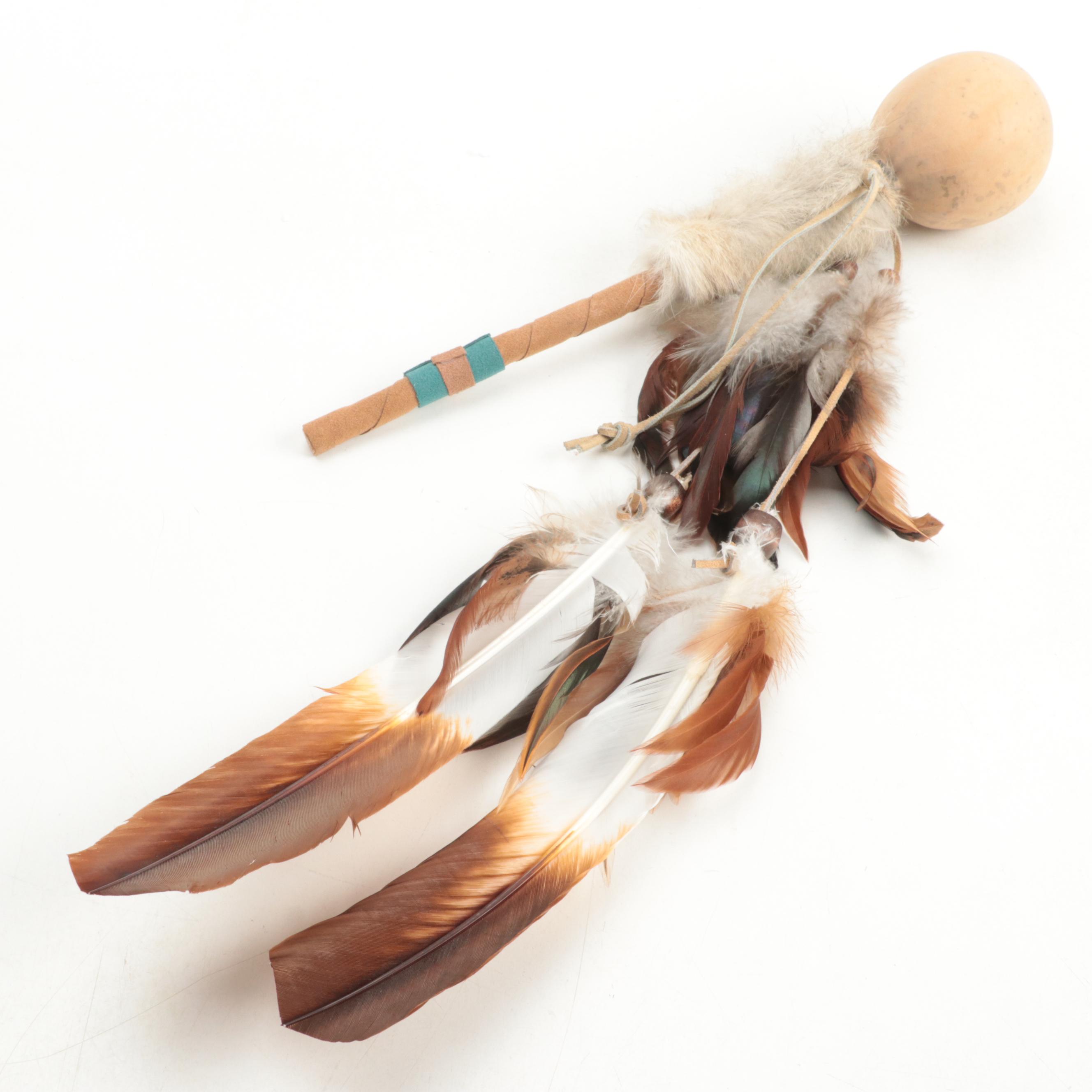 All One Tribe Hide Drum with Stand and Feather and Fur Ornamented Stick