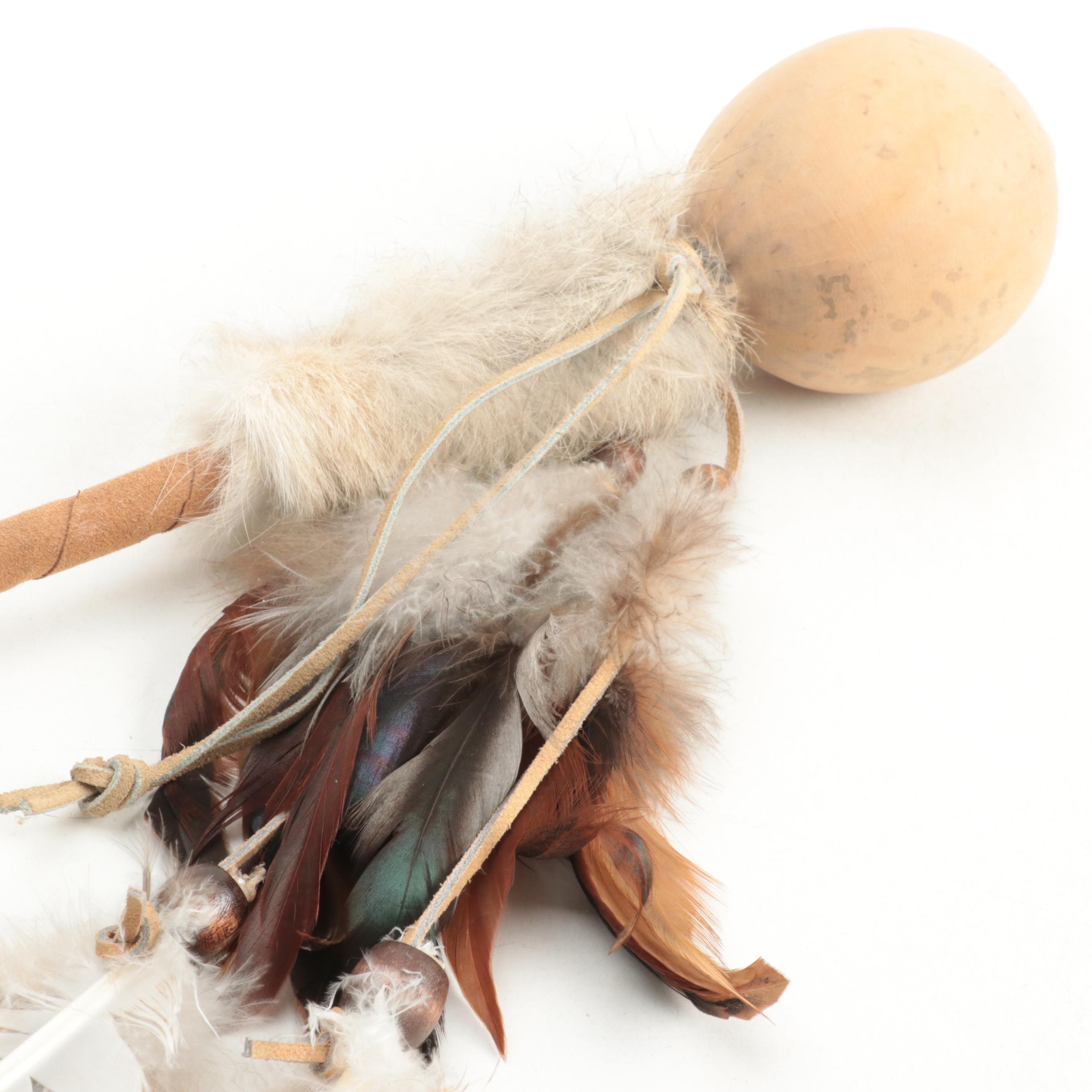 All One Tribe Hide Drum with Stand and Feather and Fur Ornamented Stick