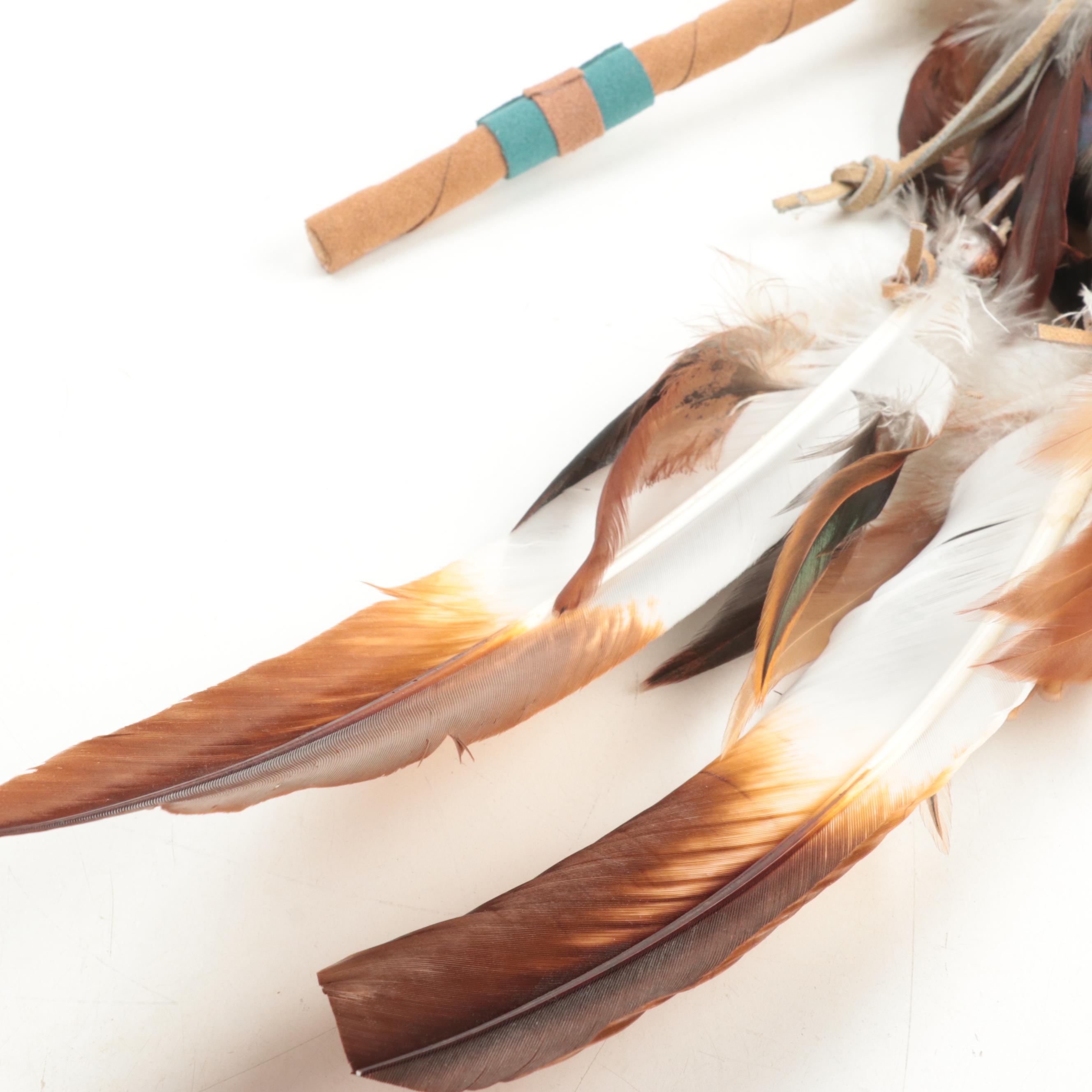 All One Tribe Hide Drum with Stand and Feather and Fur Ornamented Stick