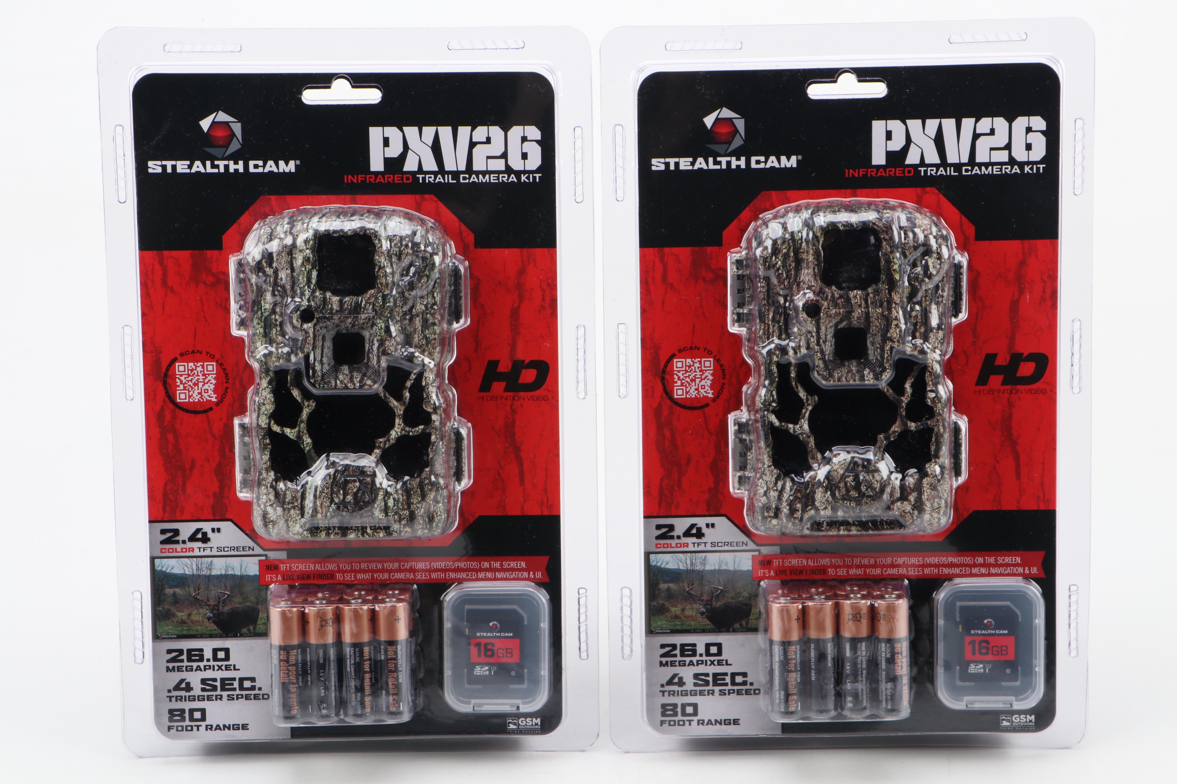 Two Stealth Cam PXV26 Infrared Trail Camera Kits With Muddy SD Card Reader