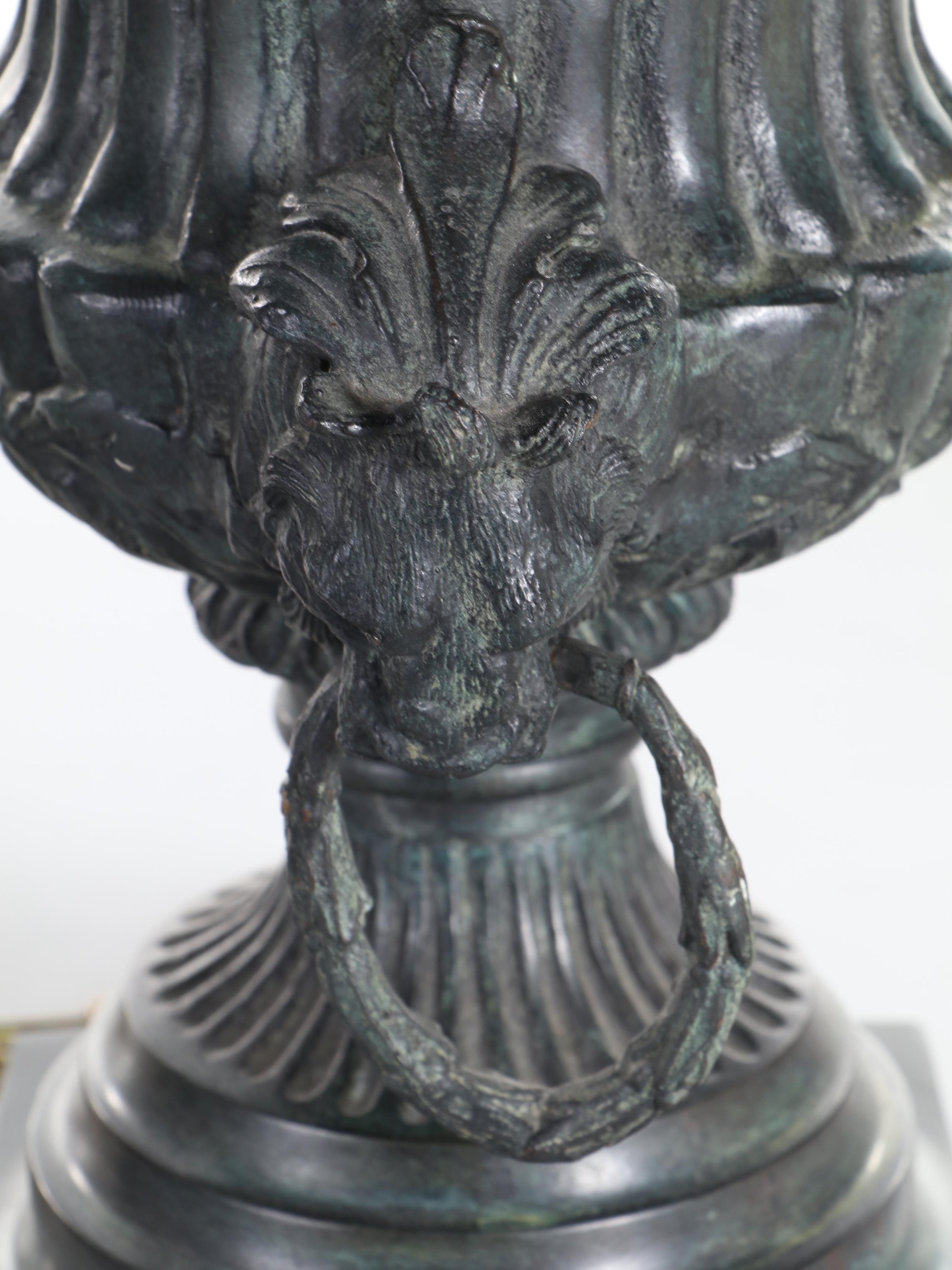 Pair of Maitland-Smith Patinated Metal Lion's Head Urn Table Lamps