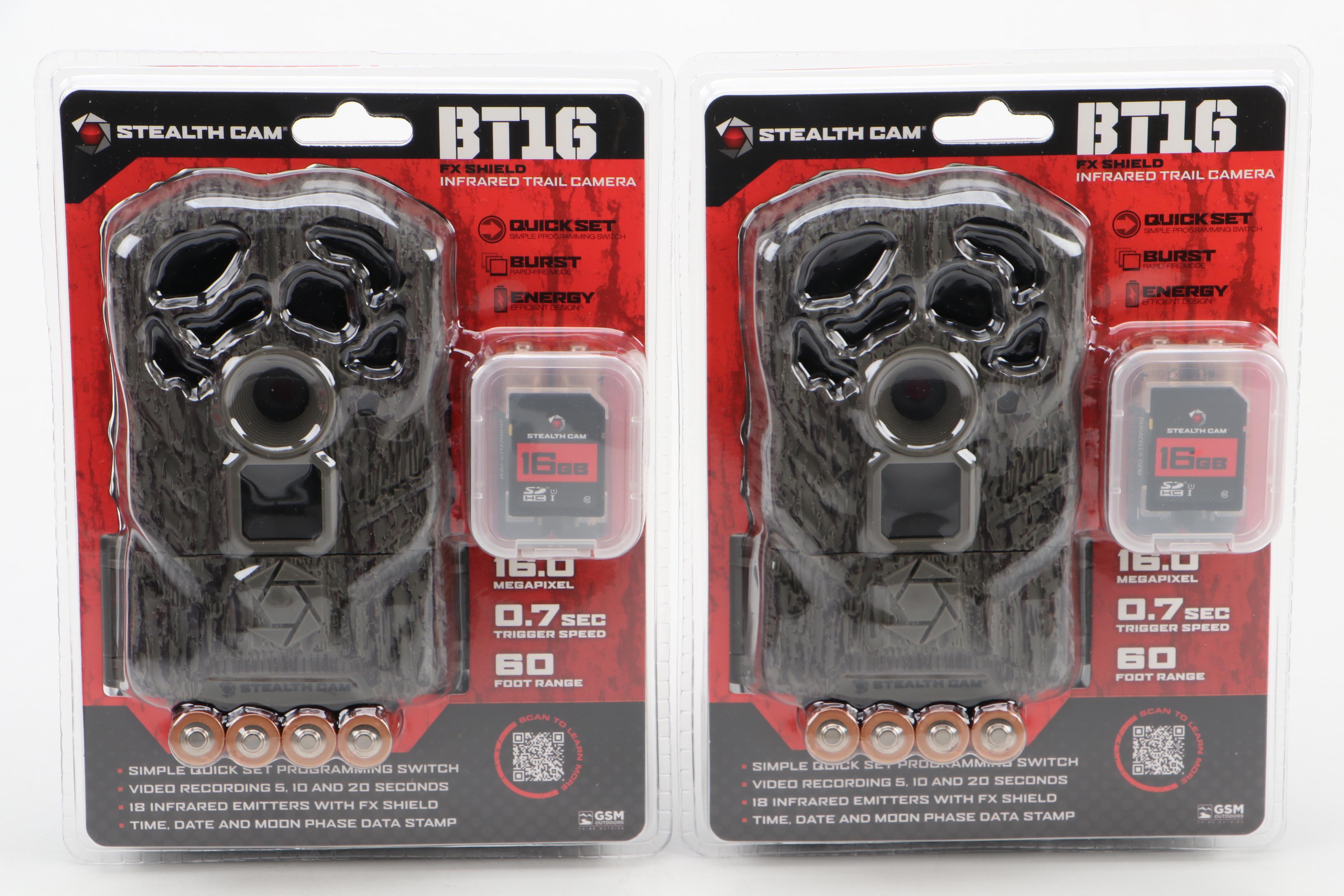 Two Stealth Cam BT16 FX Shield Infrared Trail Cameras With Muddy SD Card Reader