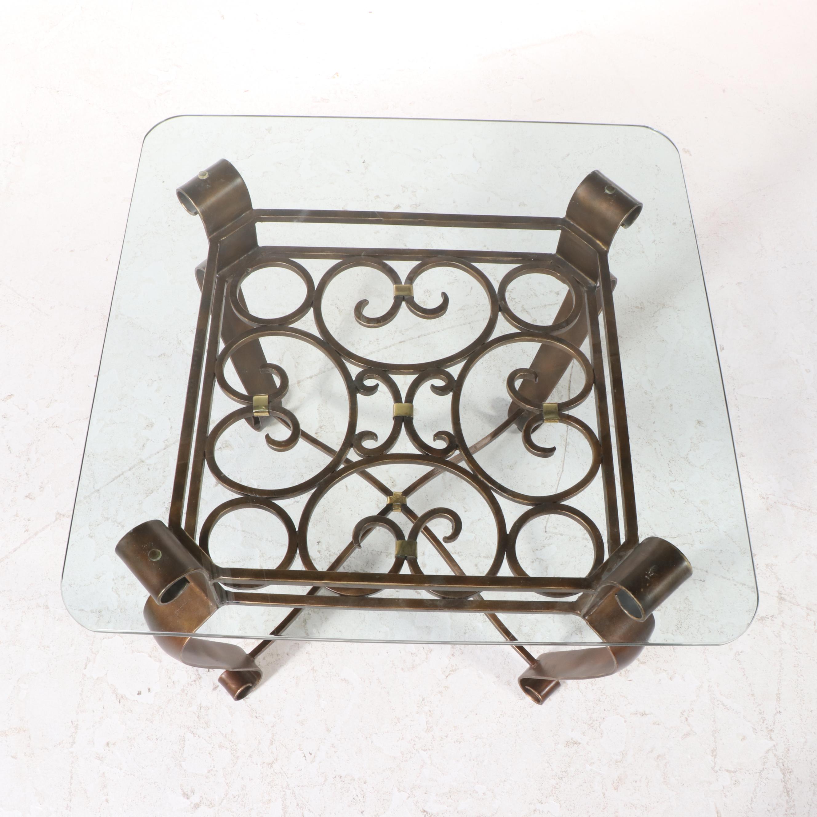 Bronze-Patinated Metal and Glass Top Side Table