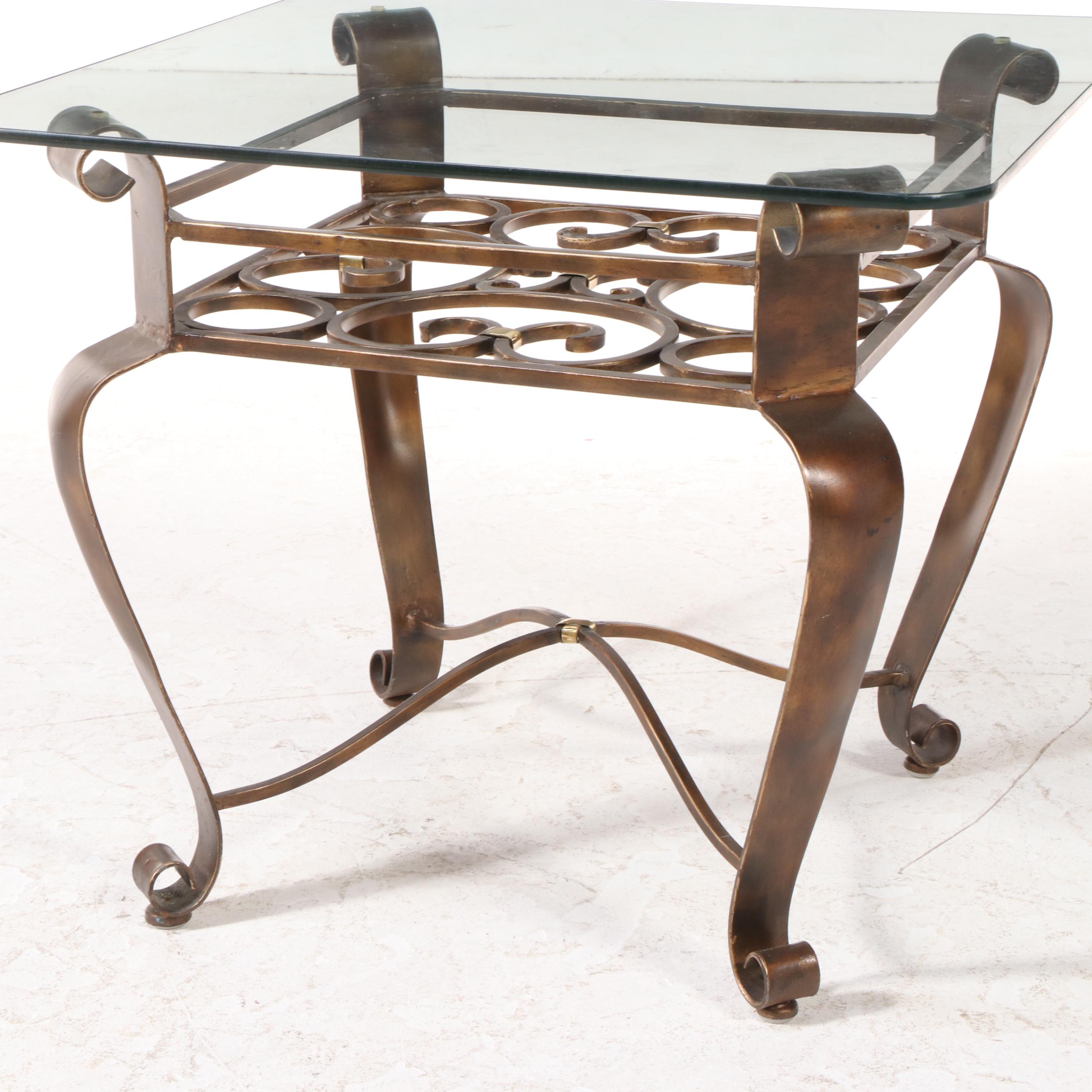Bronze-Patinated Metal and Glass Top Side Table