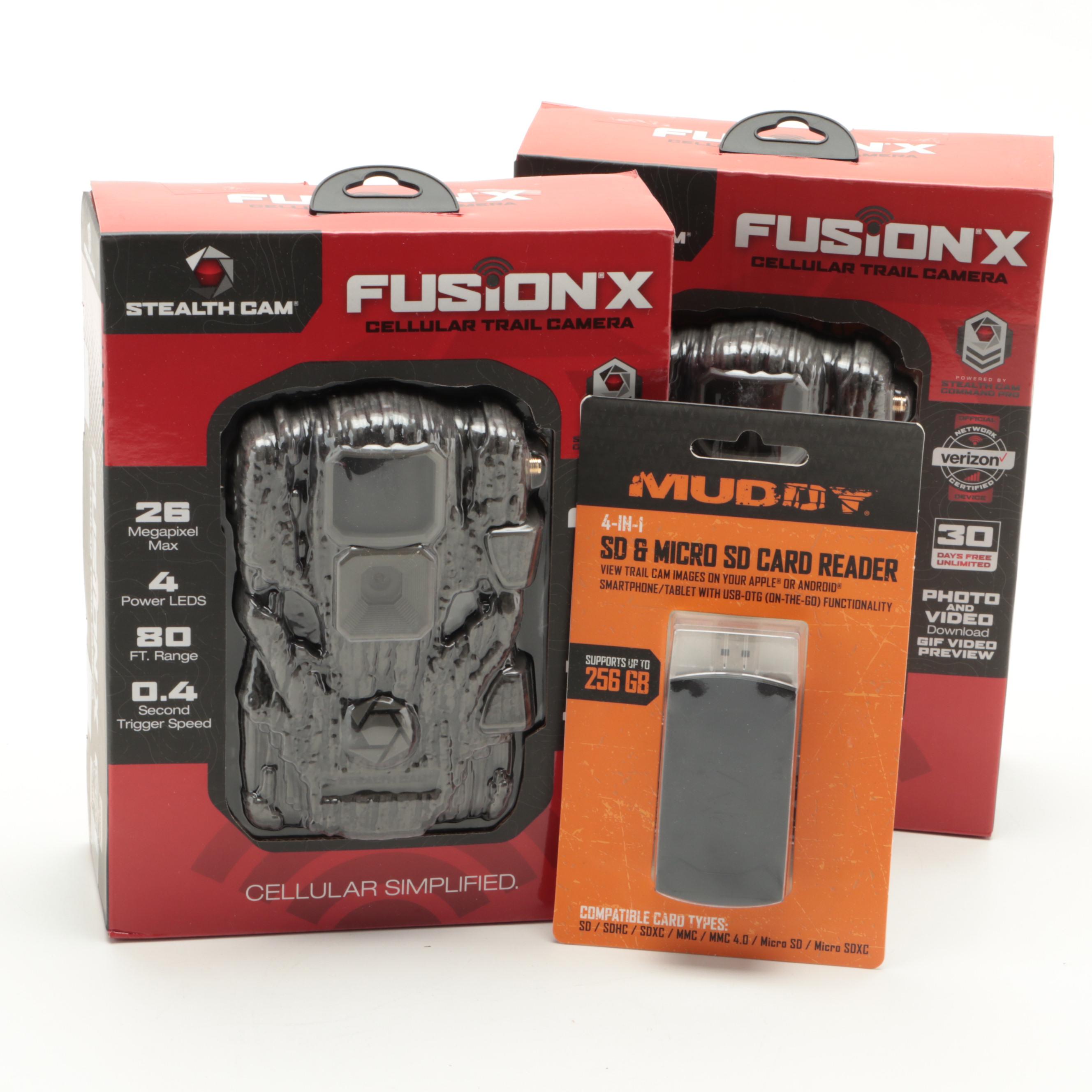 Two Stealth Cam Fusion X Cellular Trail Cameras With Muddy SD Card Reader
