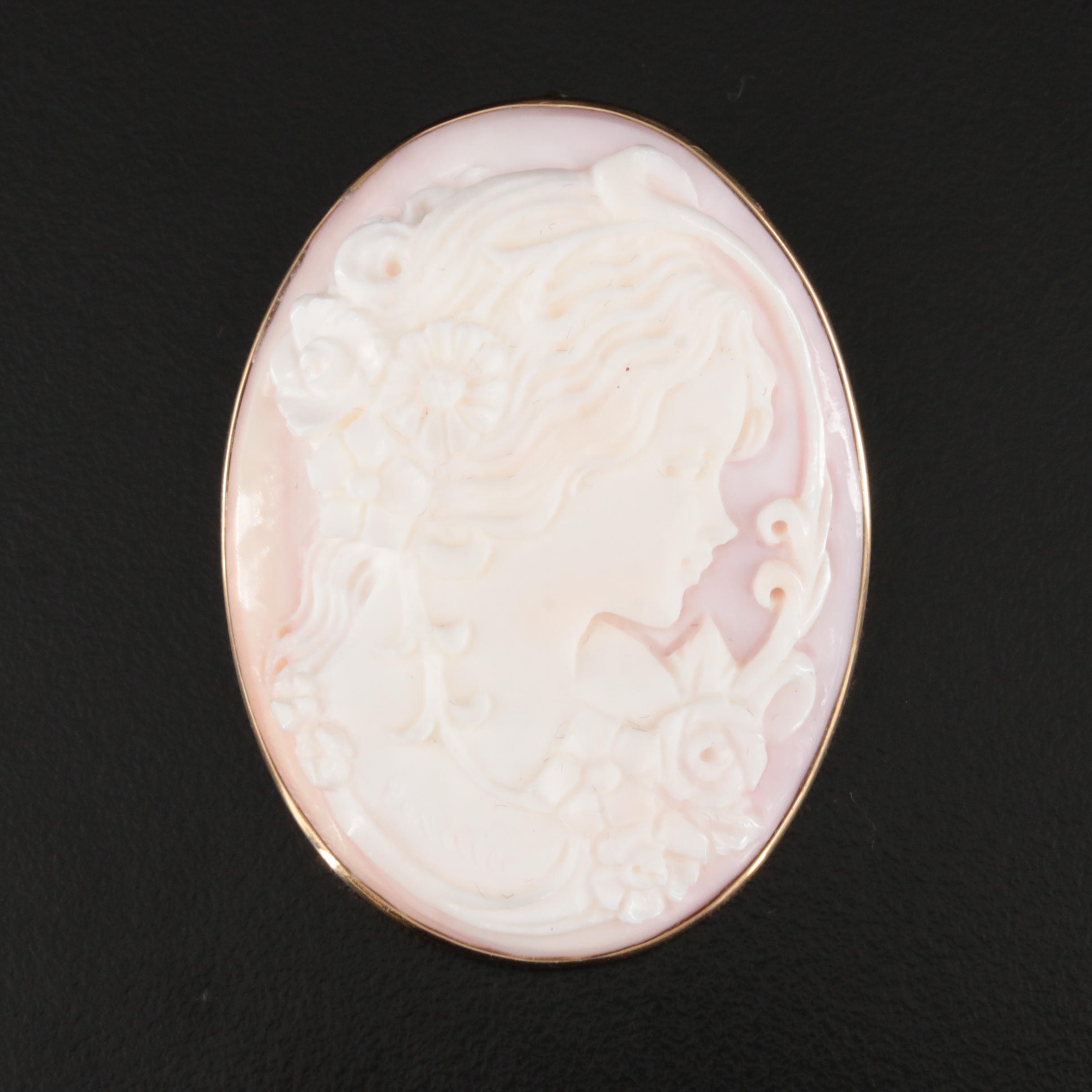 M & M Scognamiglio 14K Shell Flora Goddess Cameo Converter Brooch