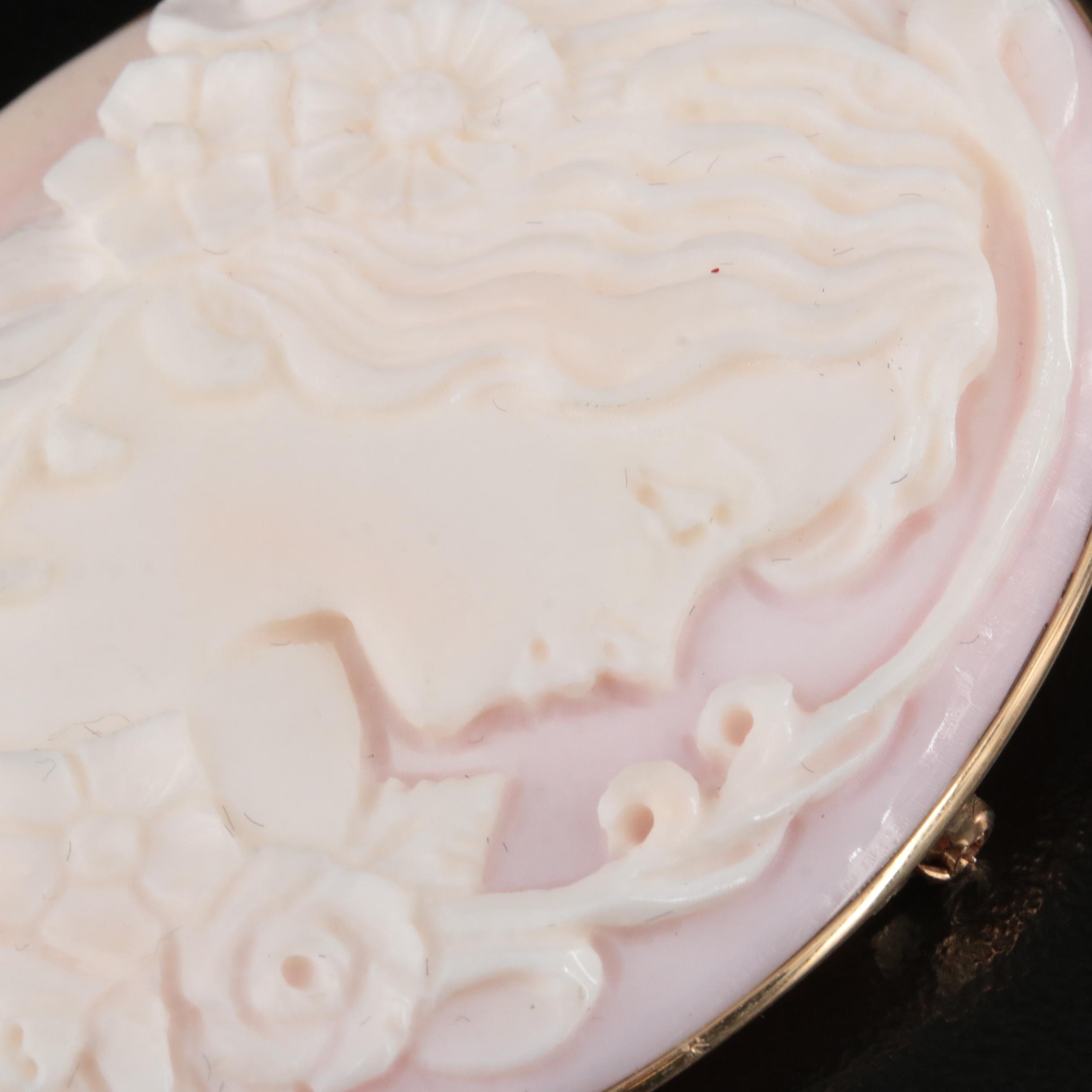 M & M Scognamiglio 14K Shell Flora Goddess Cameo Converter Brooch