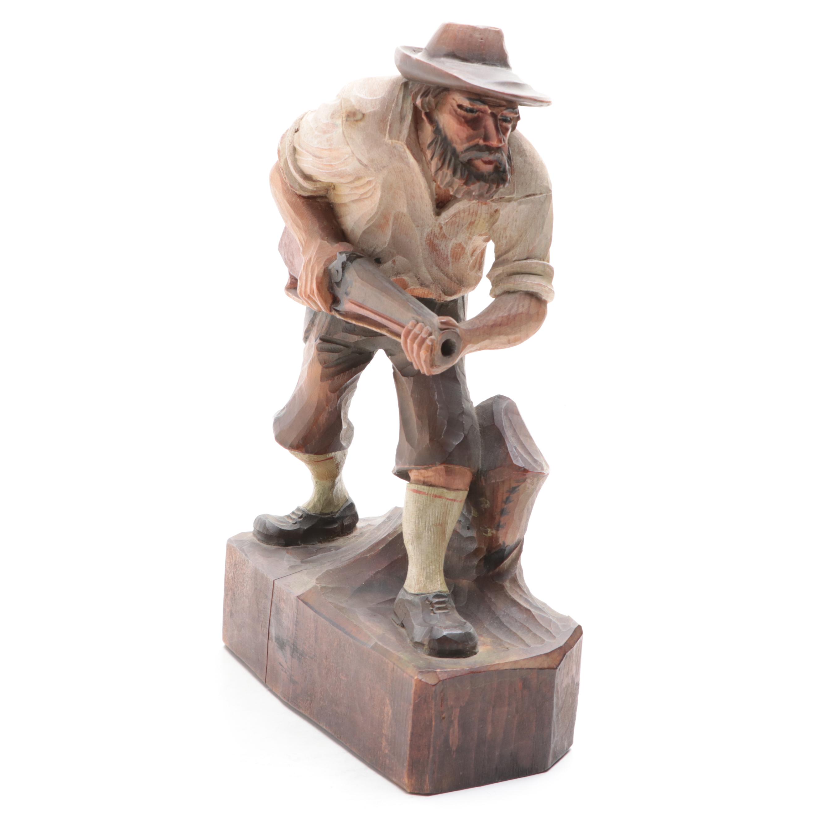 Black Forest Style Polychrome Carved Wooden Hunter Figurine