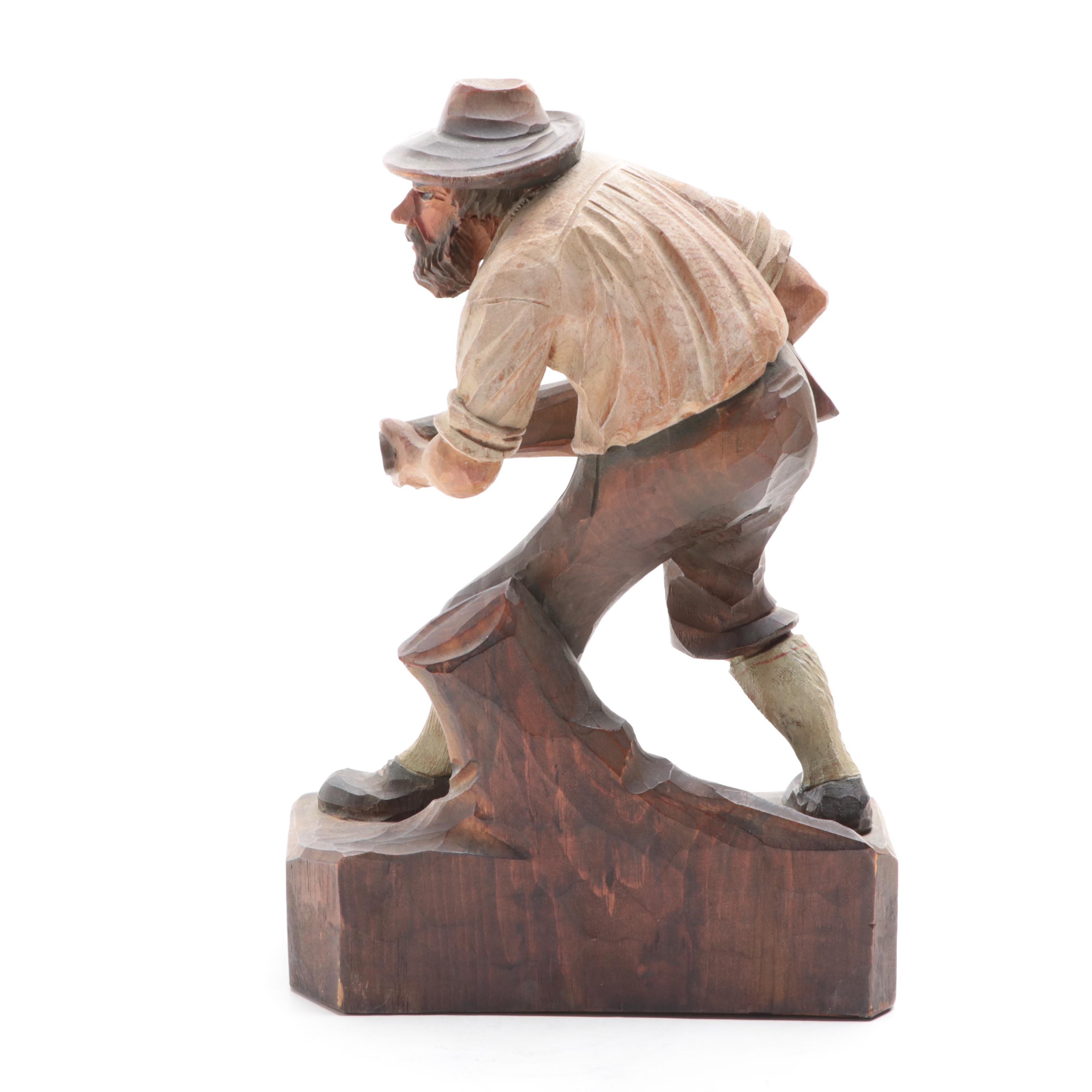 Black Forest Style Polychrome Carved Wooden Hunter Figurine