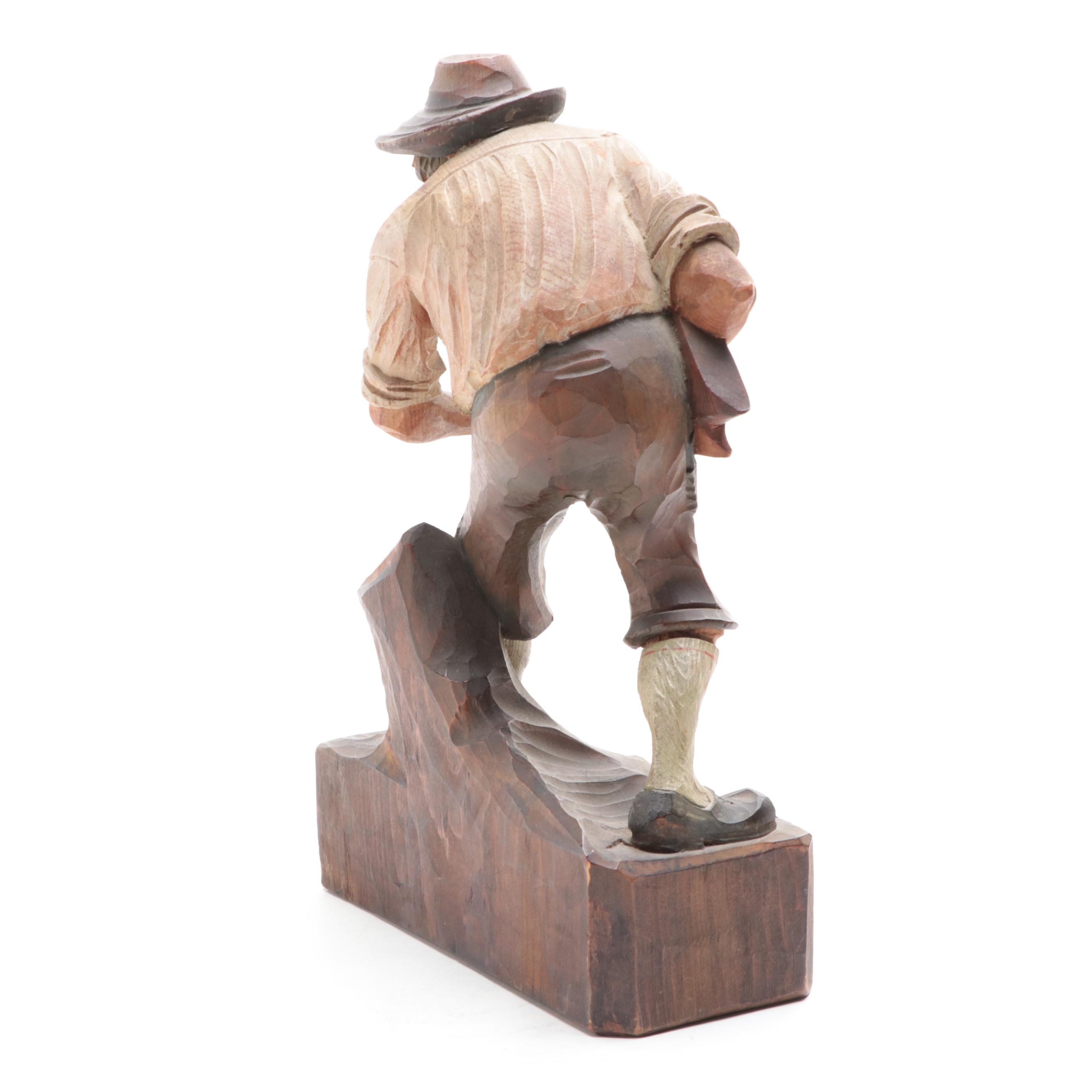 Black Forest Style Polychrome Carved Wooden Hunter Figurine
