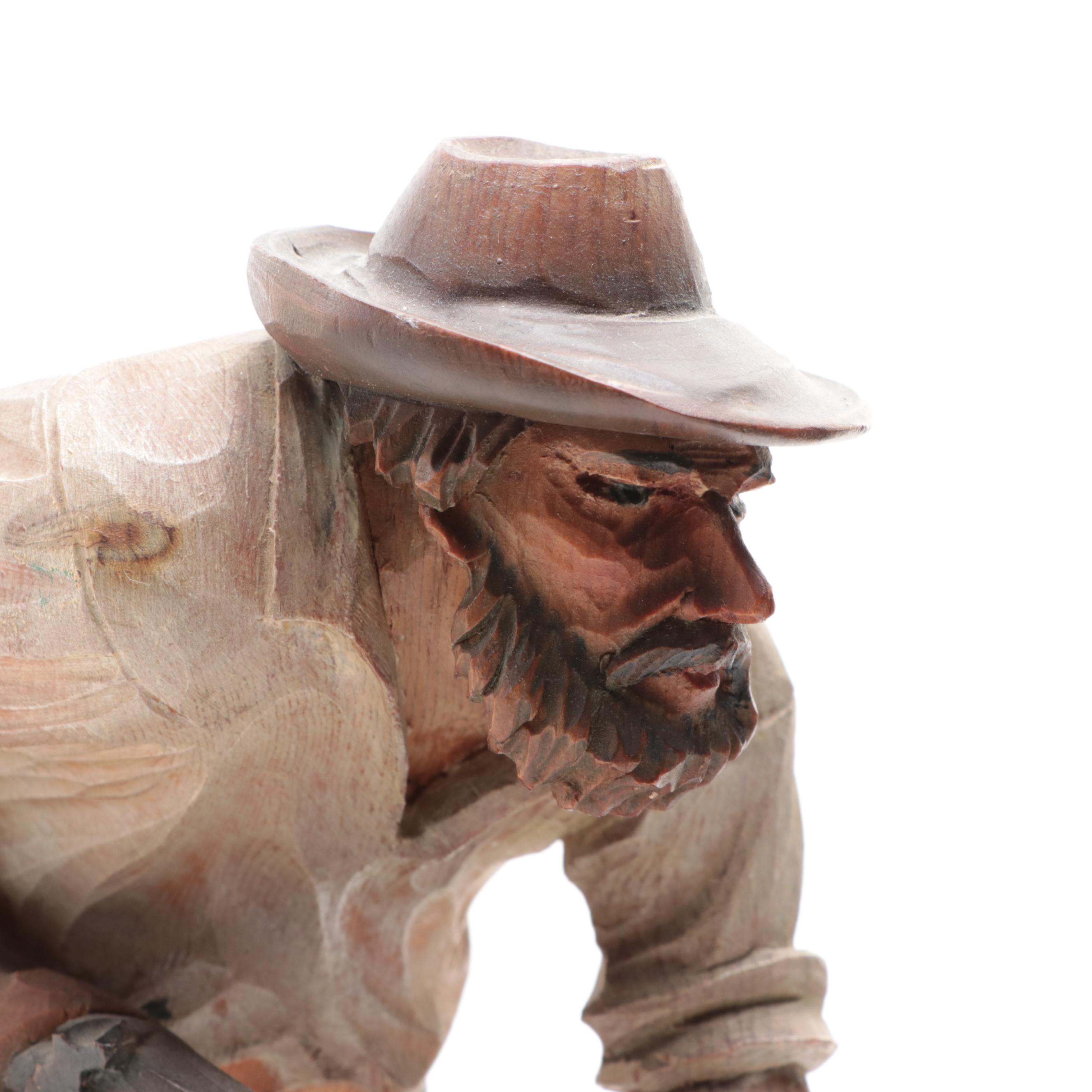 Black Forest Style Polychrome Carved Wooden Hunter Figurine