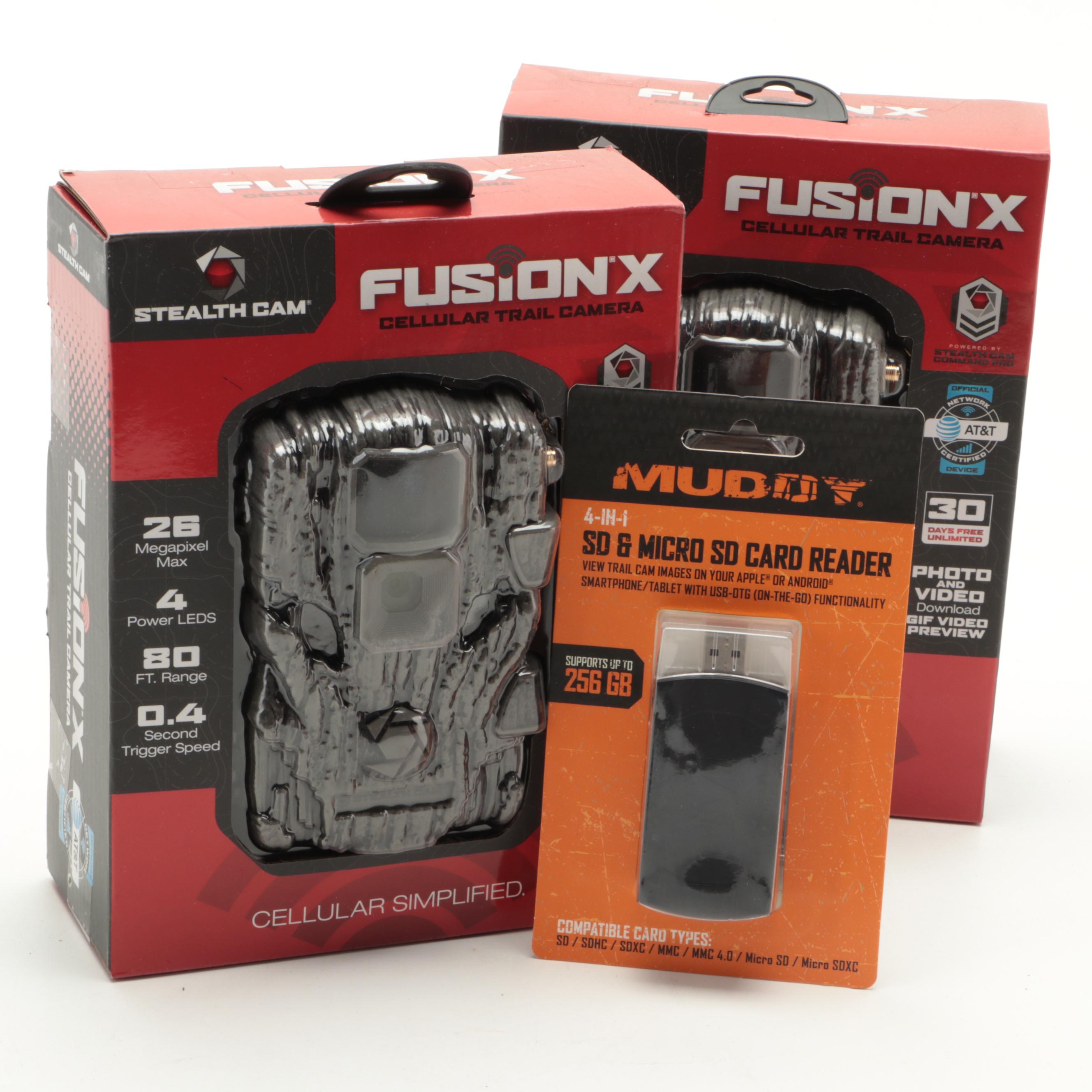 Two Stealth Cam Fusion X Cellular Trail Cameras With Muddy SD Card Reader