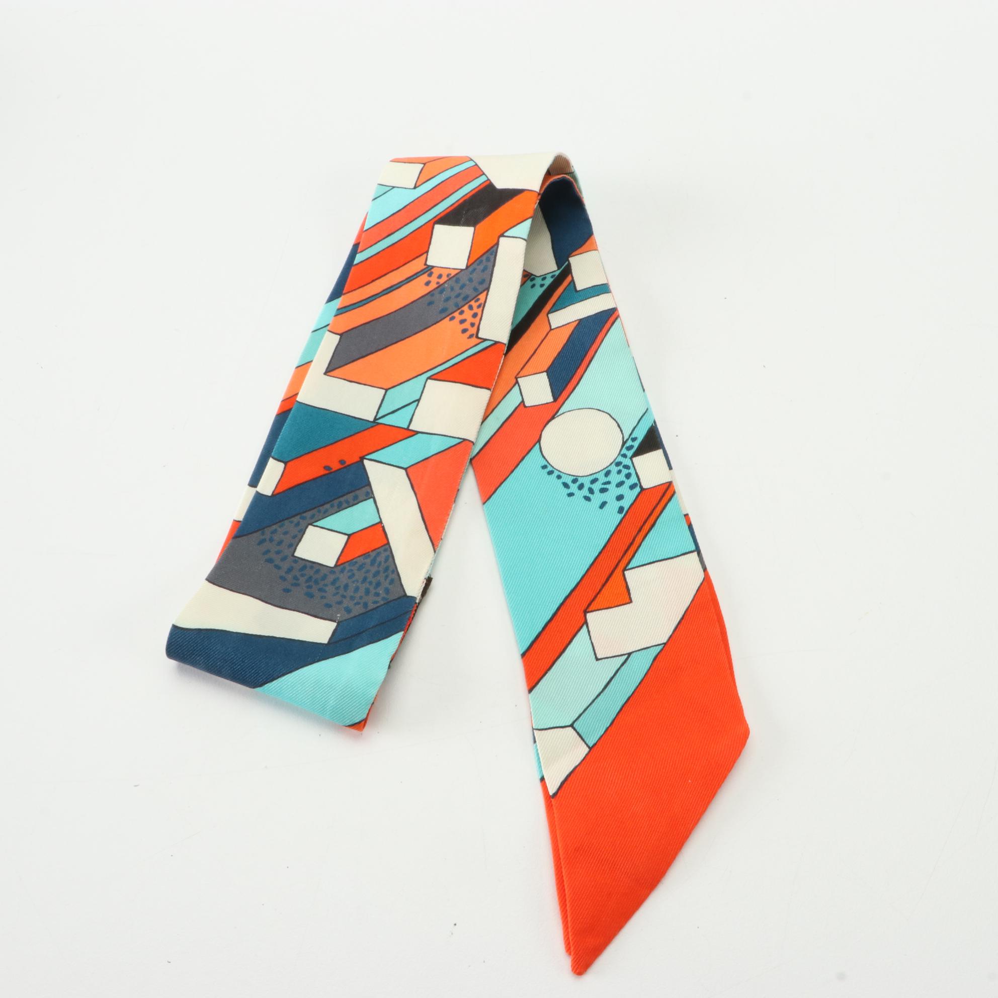 Hermès Silk Twilly Scarf in Multicolor Geometric Print with Box