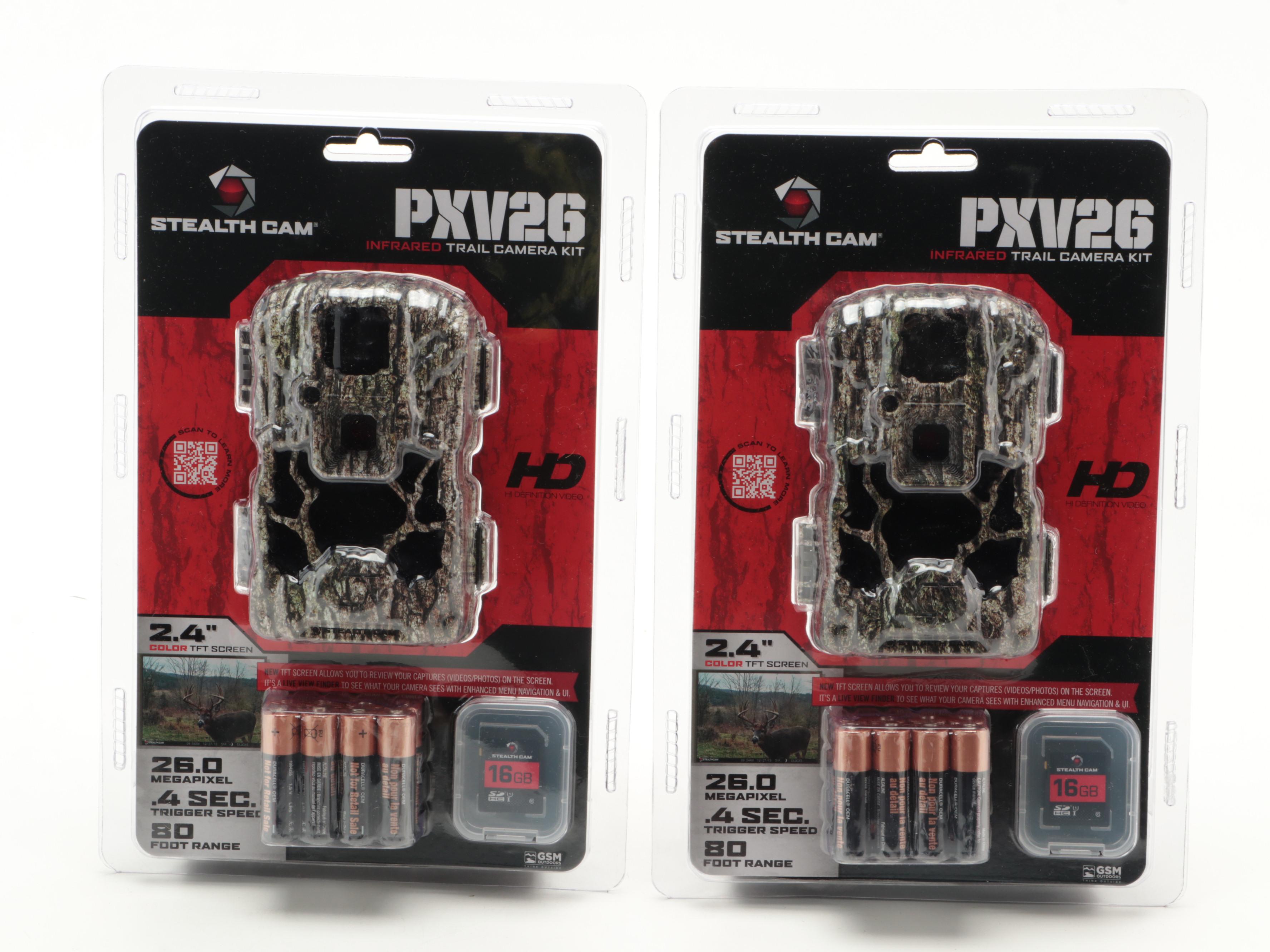 Two Stealth Cam PXV26 Infrared Trail Camera Kits With Muddy SD Card Reader