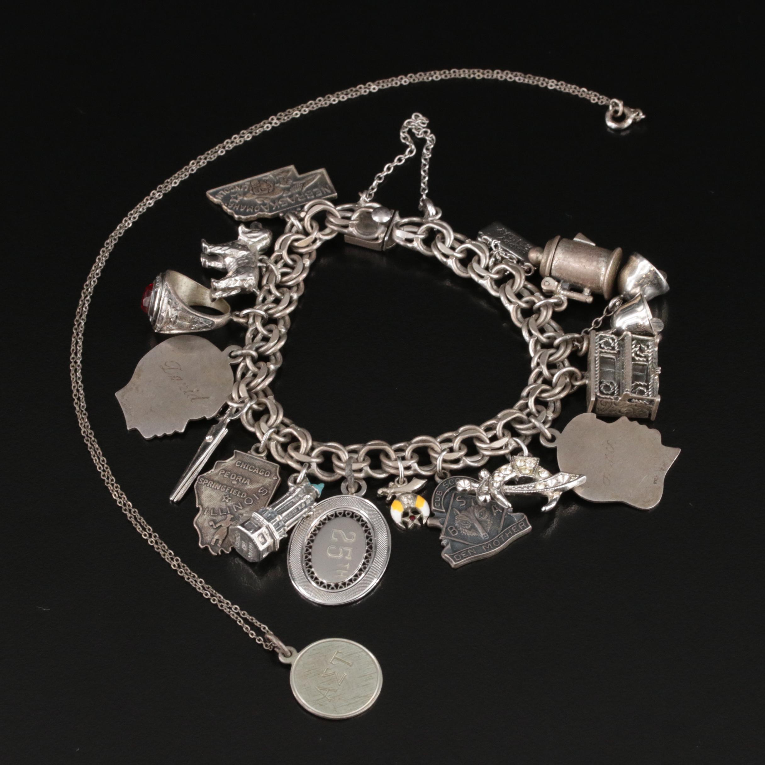 Vintage Charm Bracelet and Pendant Necklace Featuring Shriner Charm