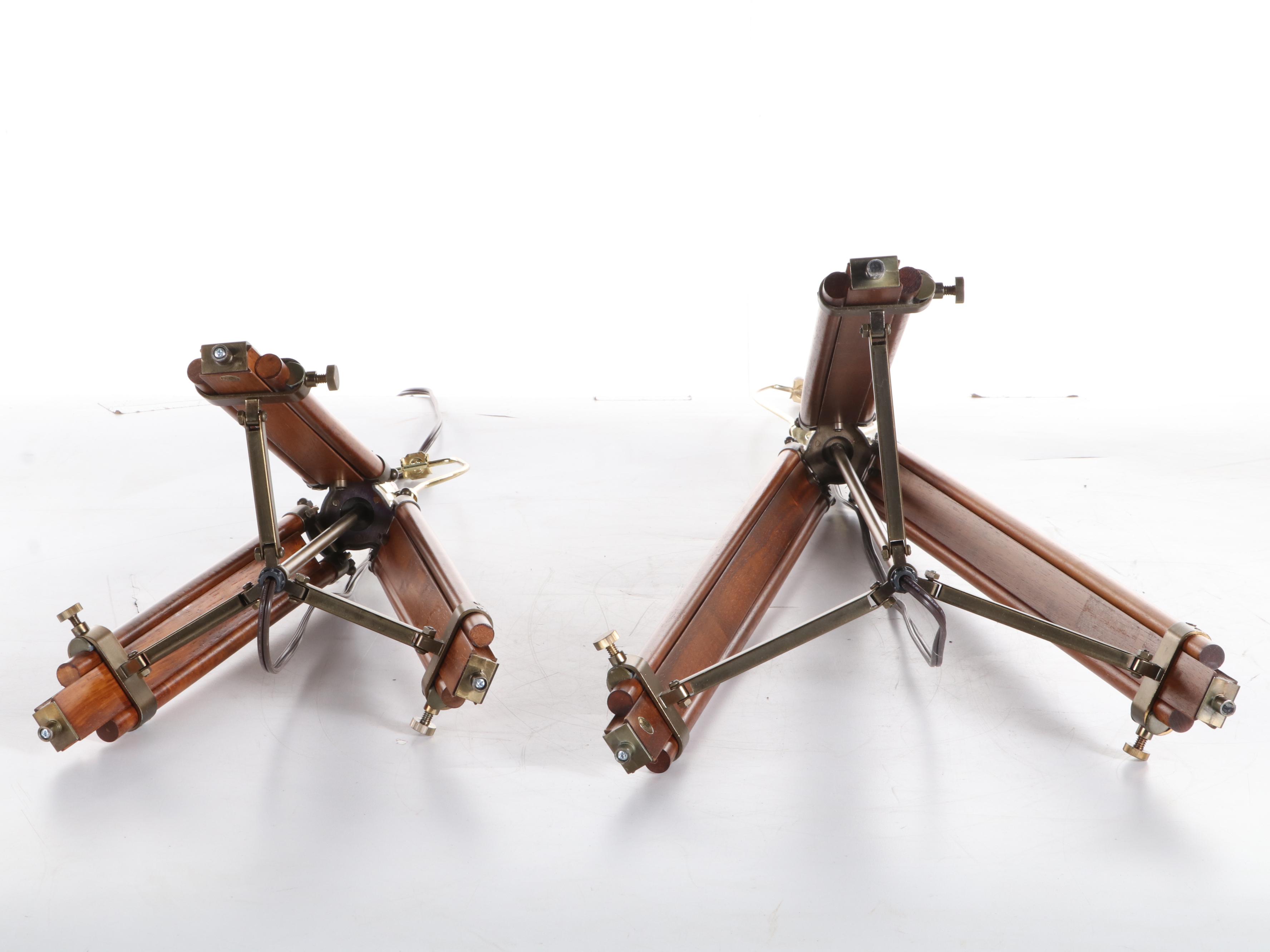 Wood and Brass Surveyor's Tools Tripod Adjustable Floor and Table Lamps