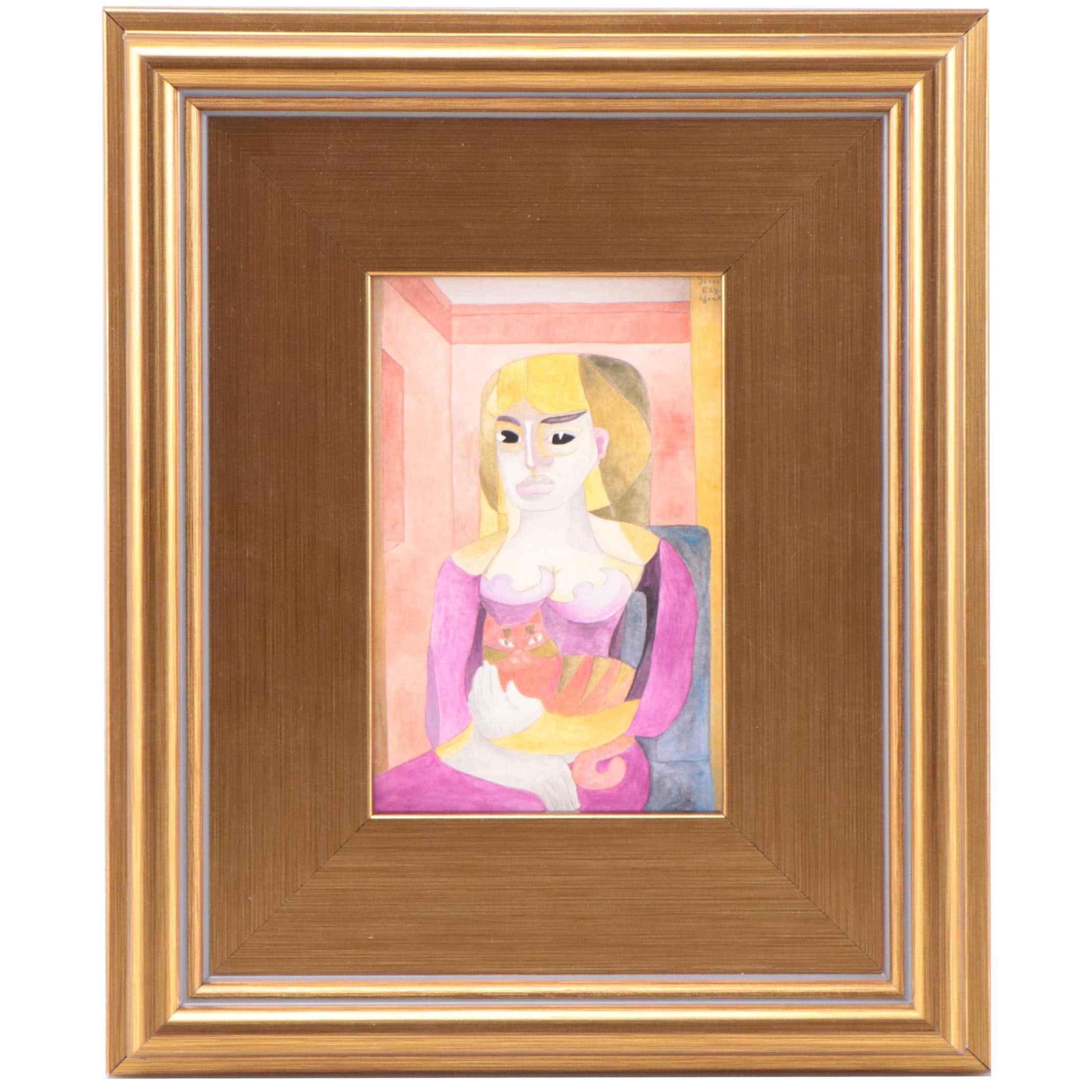 Joseph Ray York Watercolor Painting "Portrait: Girl With Cat," 2019