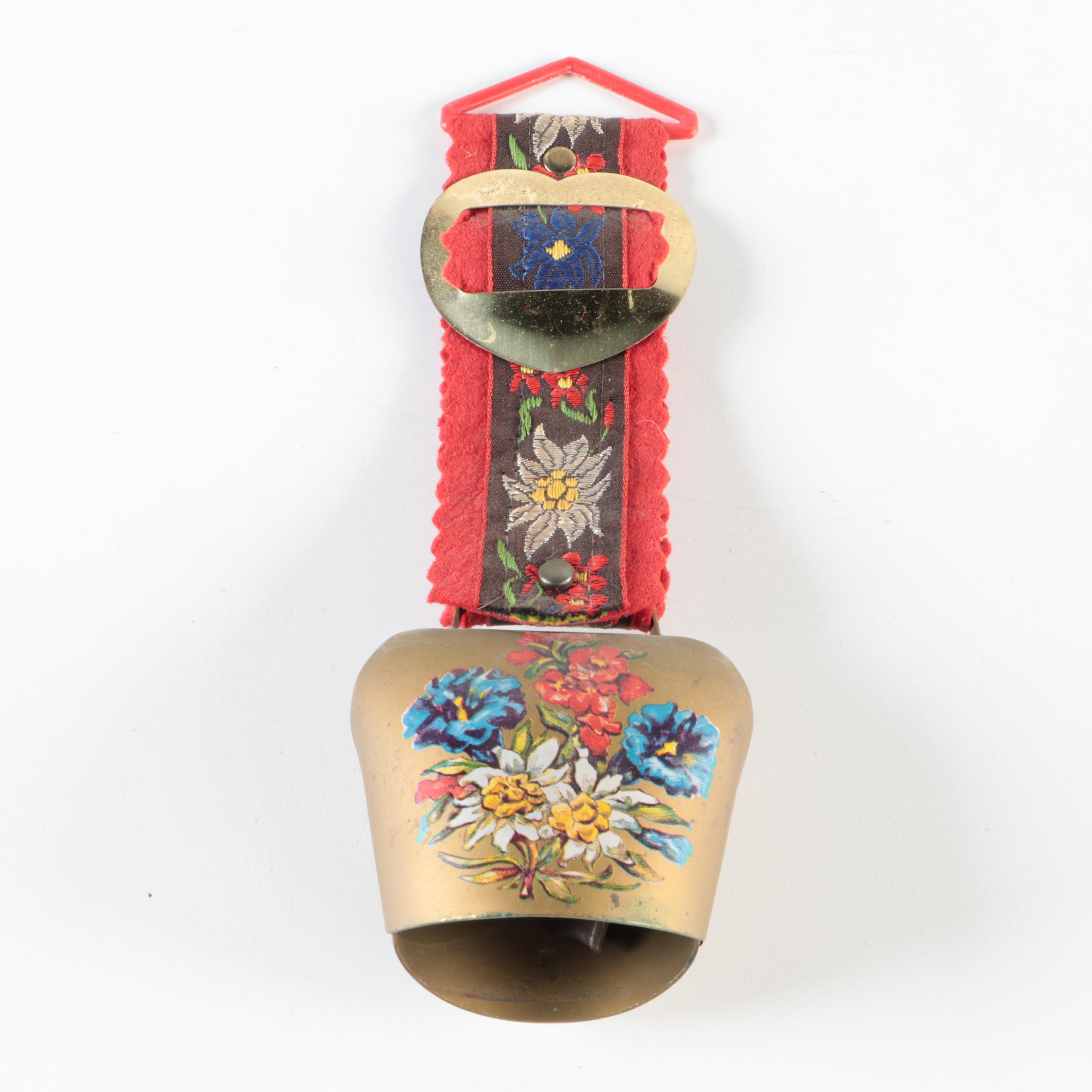 Hand Painted Swiss Souvenir Cowbells on Embroidered Staps
