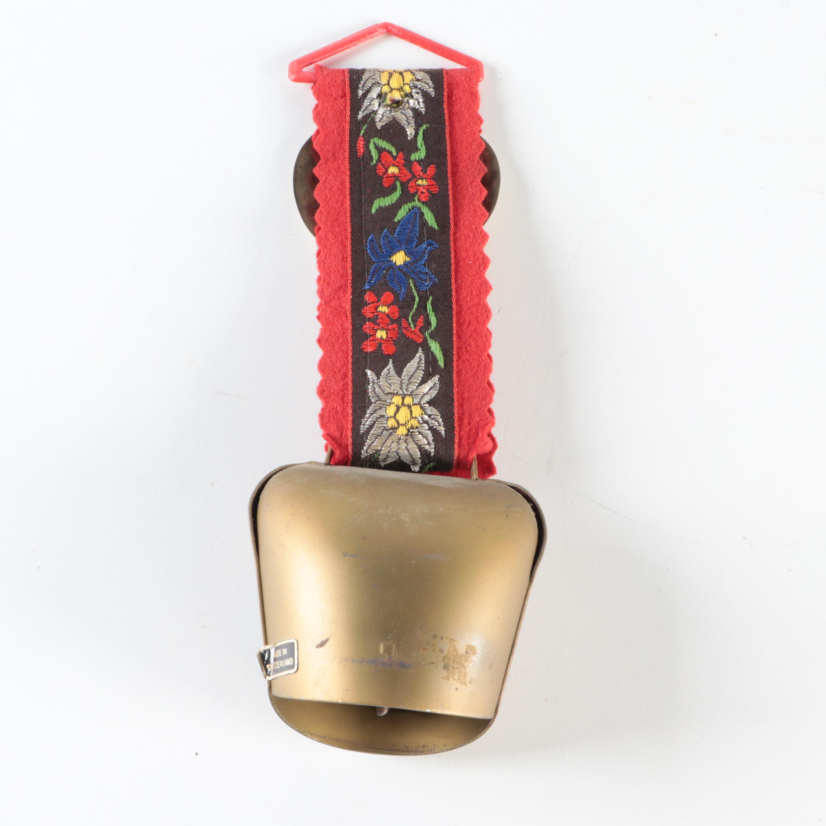 Hand Painted Swiss Souvenir Cowbells on Embroidered Staps