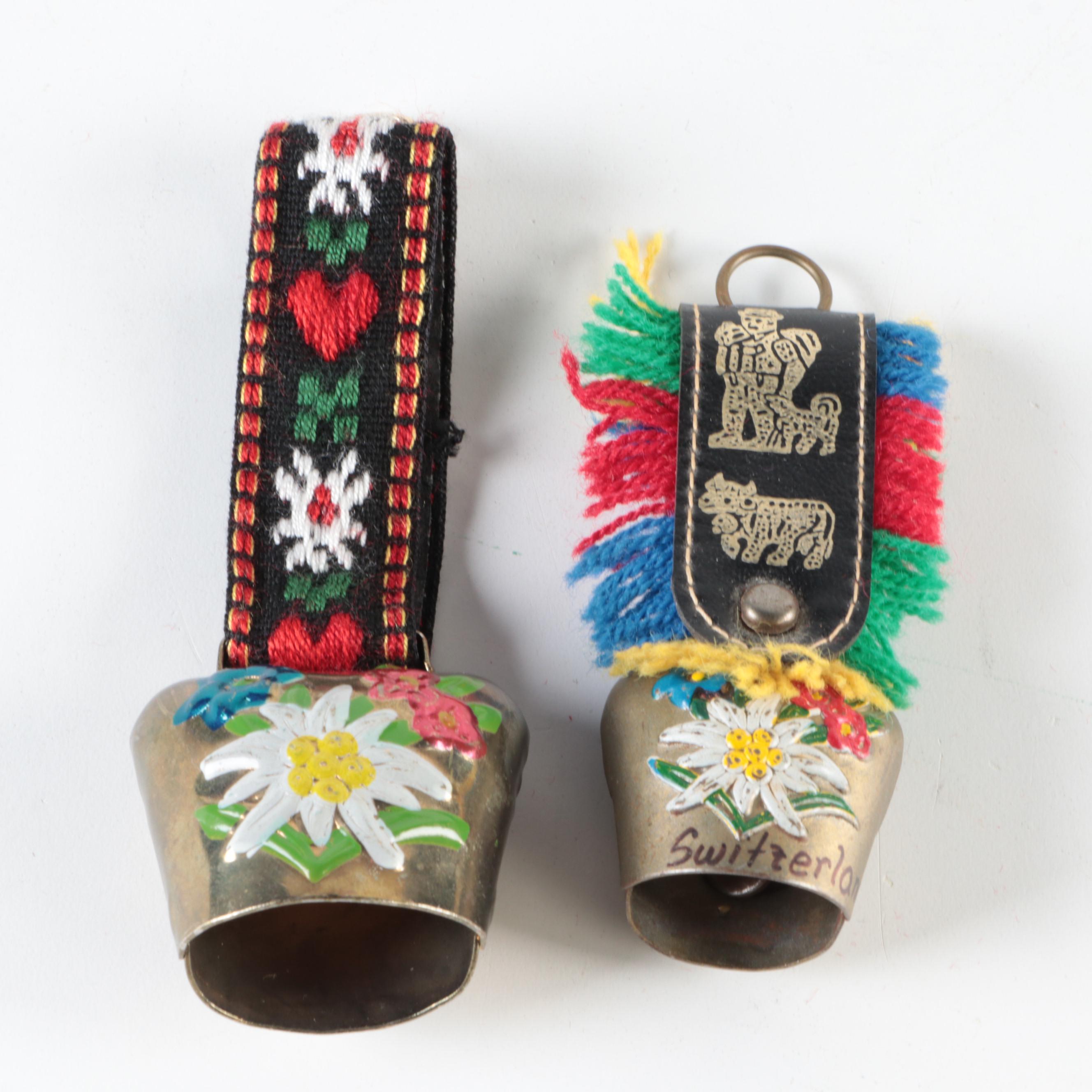 Hand Painted Swiss Souvenir Cowbells on Embroidered Staps