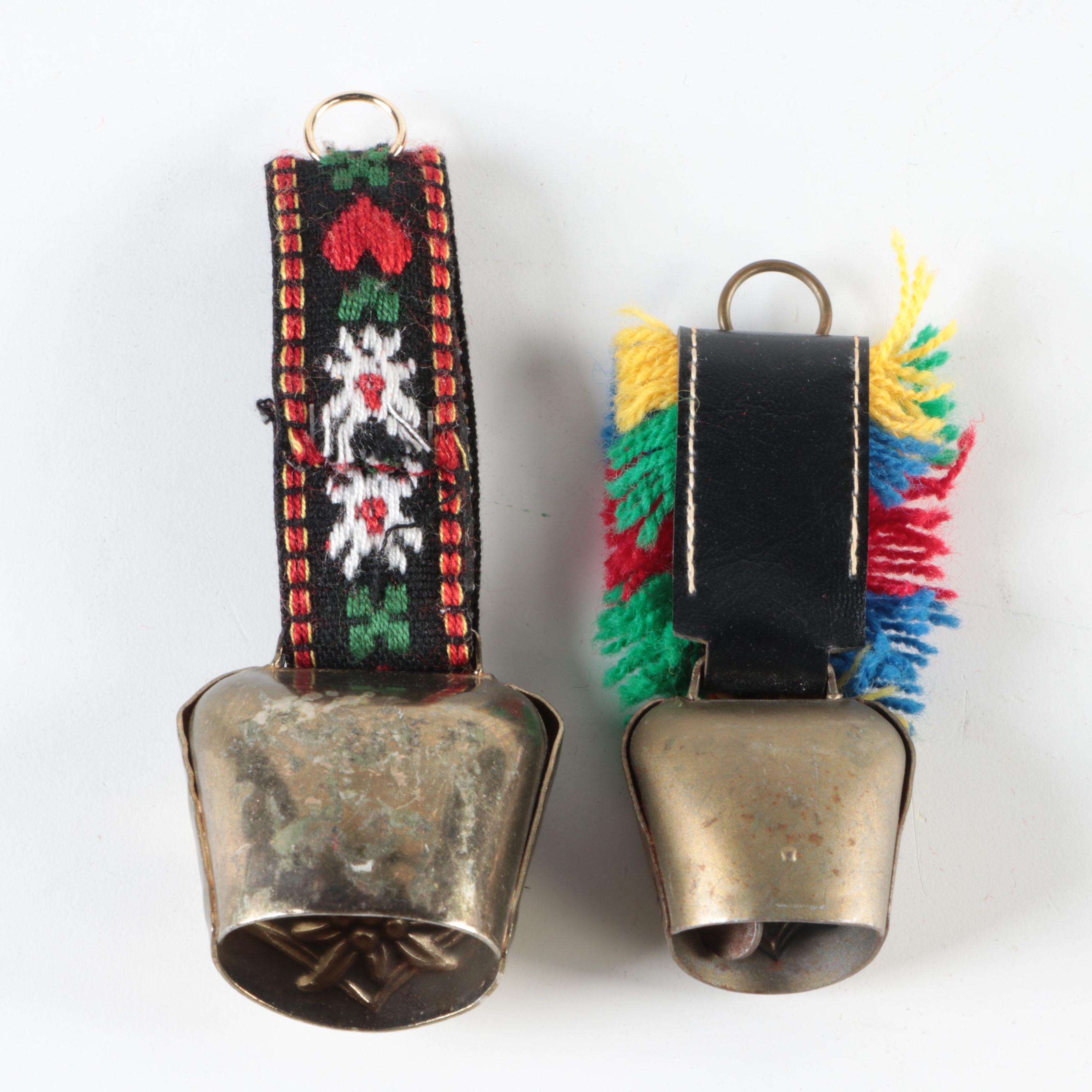 Hand Painted Swiss Souvenir Cowbells on Embroidered Staps