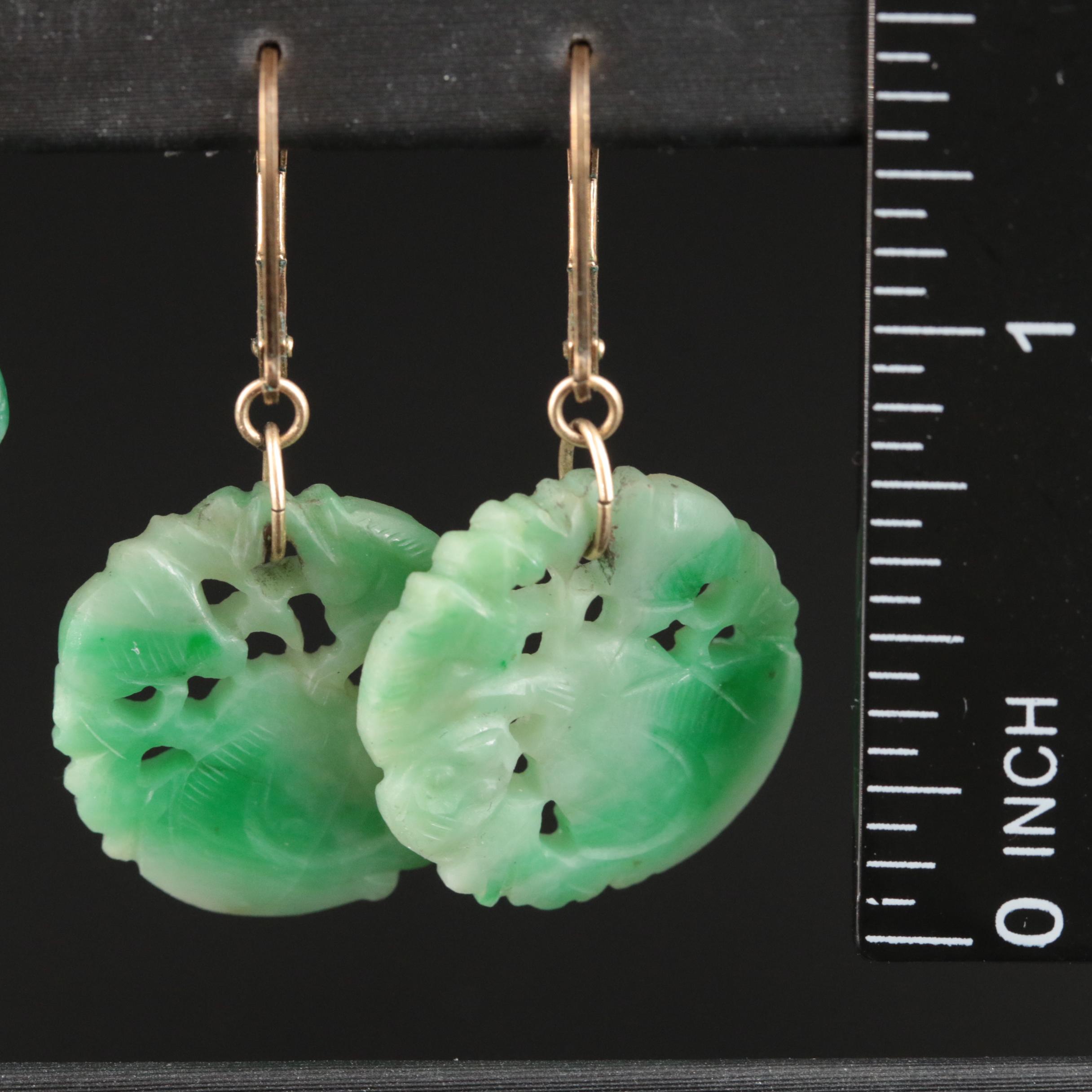 14K Carved Jadeite Necklace and Earrings Including Good Fortune Bead Earrings