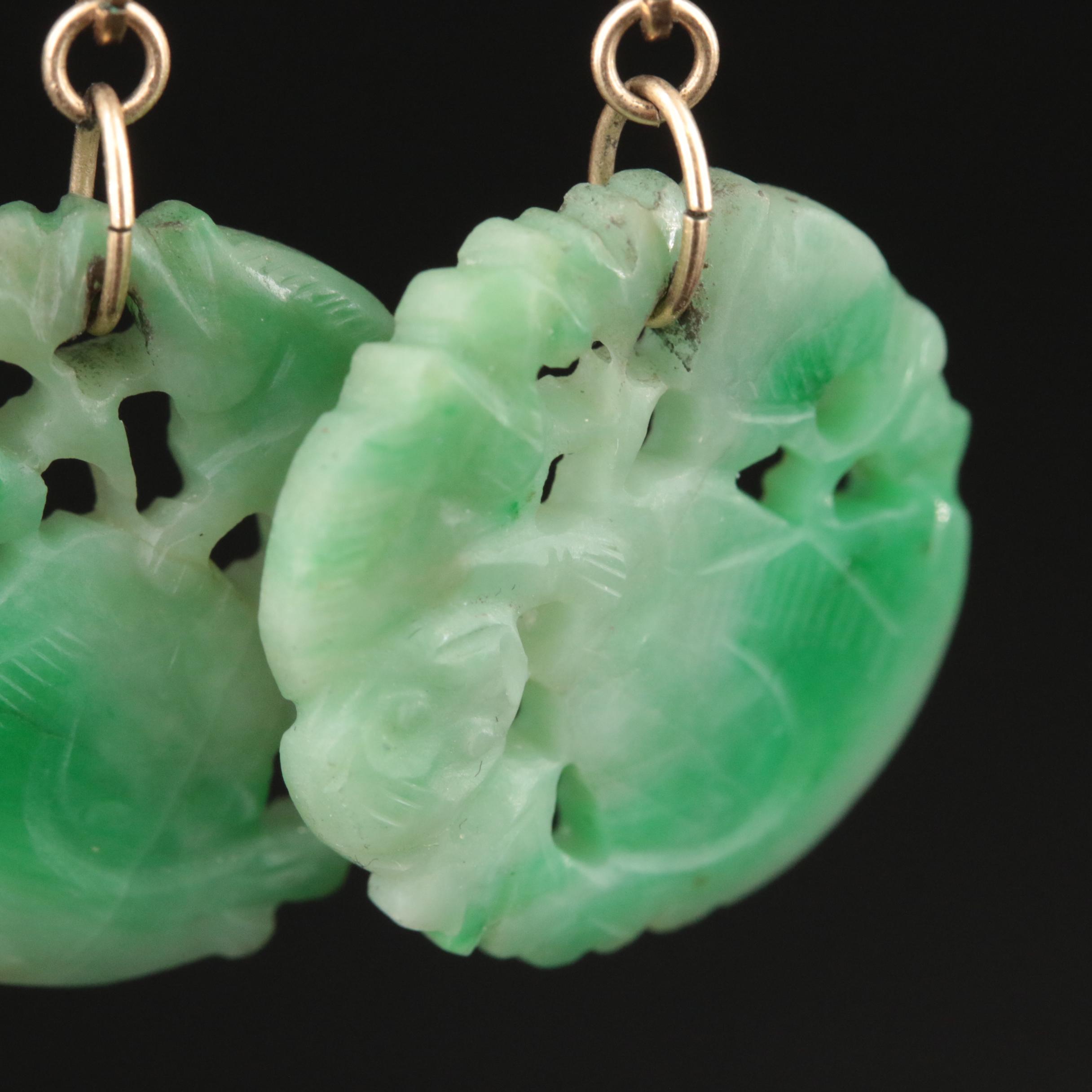 14K Carved Jadeite Necklace and Earrings Including Good Fortune Bead Earrings