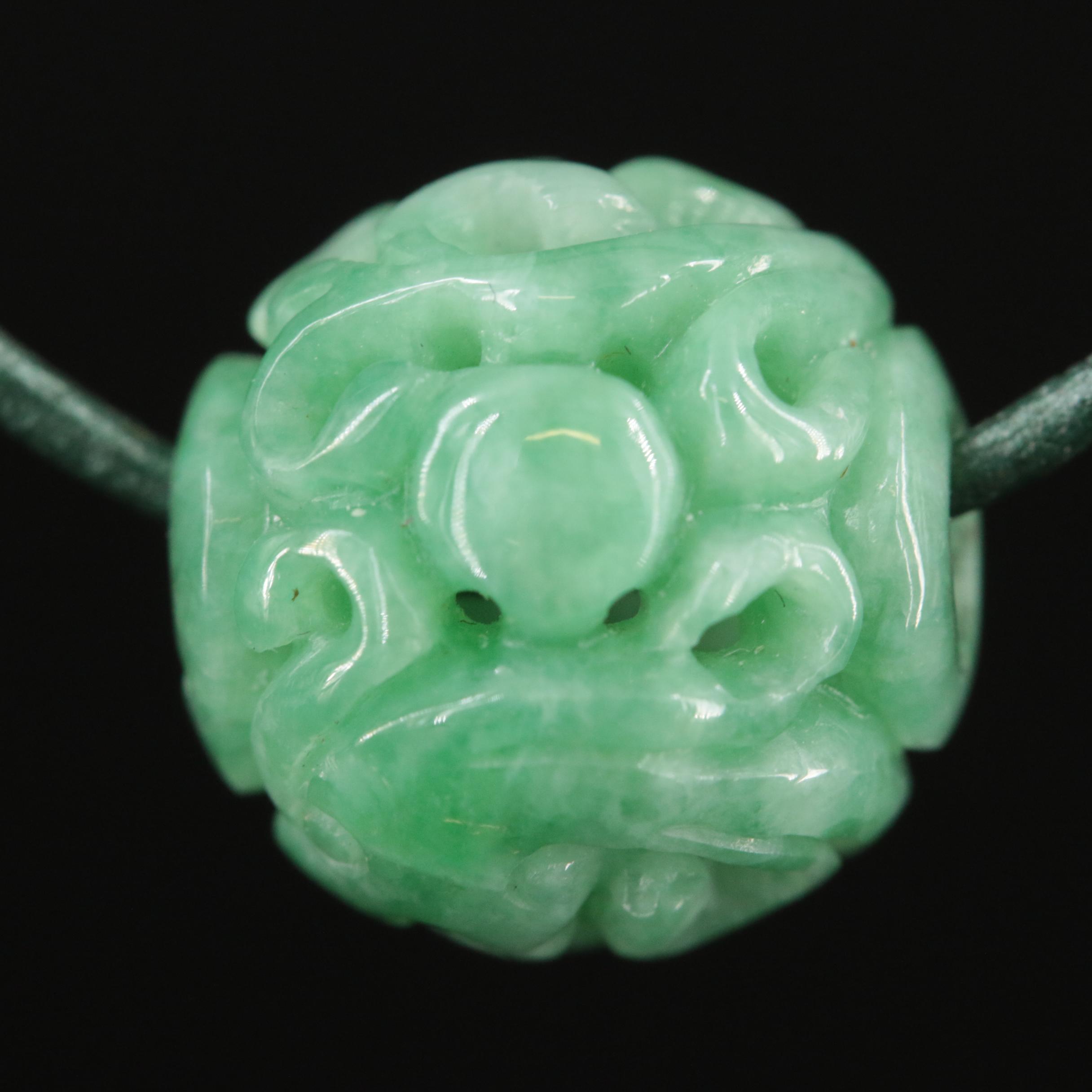 14K Carved Jadeite Necklace and Earrings Including Good Fortune Bead Earrings