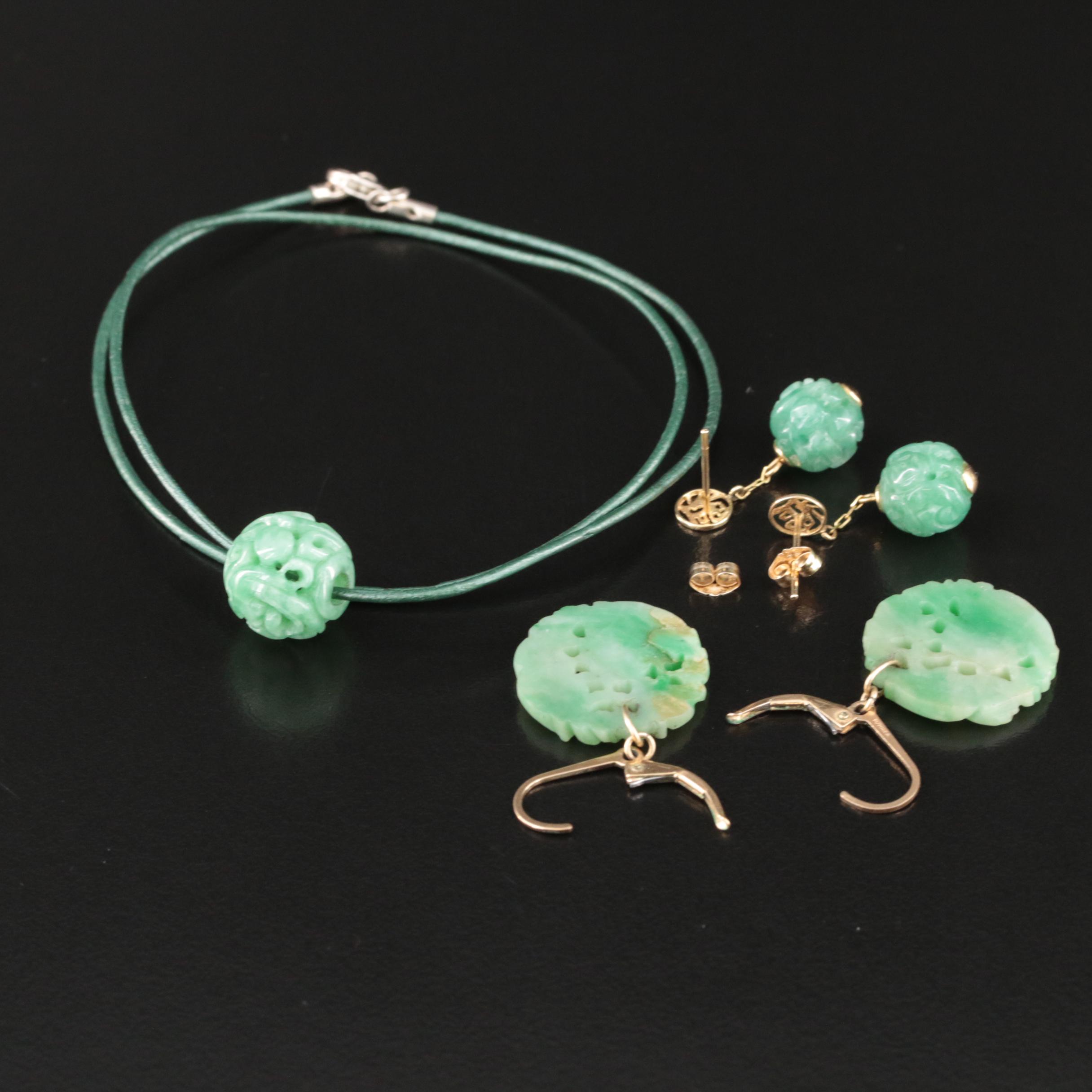 14K Carved Jadeite Necklace and Earrings Including Good Fortune Bead Earrings