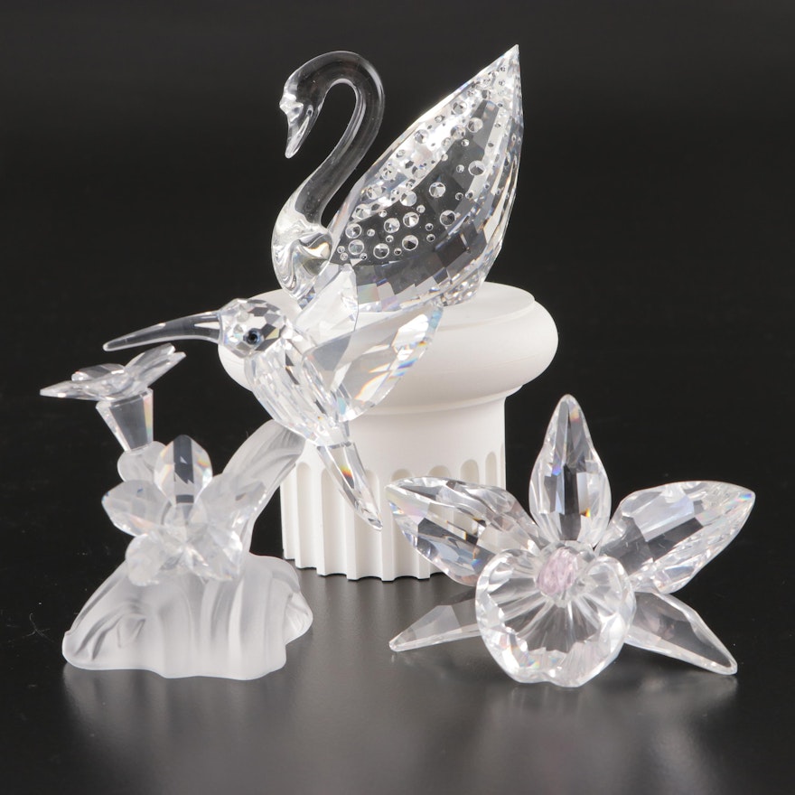 Swarovski Crystal Swan, Orchid, and Hummingbird Figurines