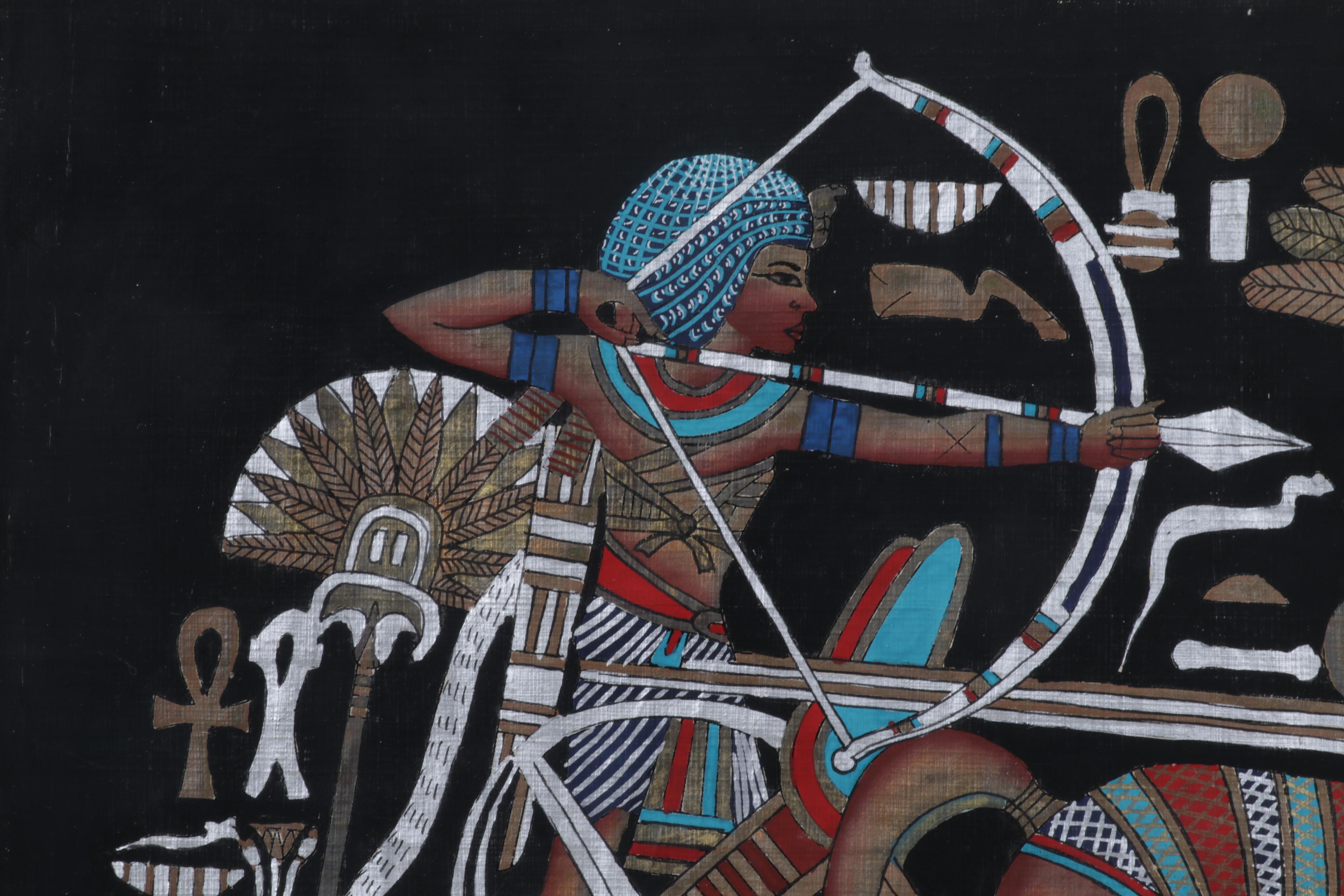 Egyptian Inspired Gouache and Ink Painting of Archer Hunting From Chariot