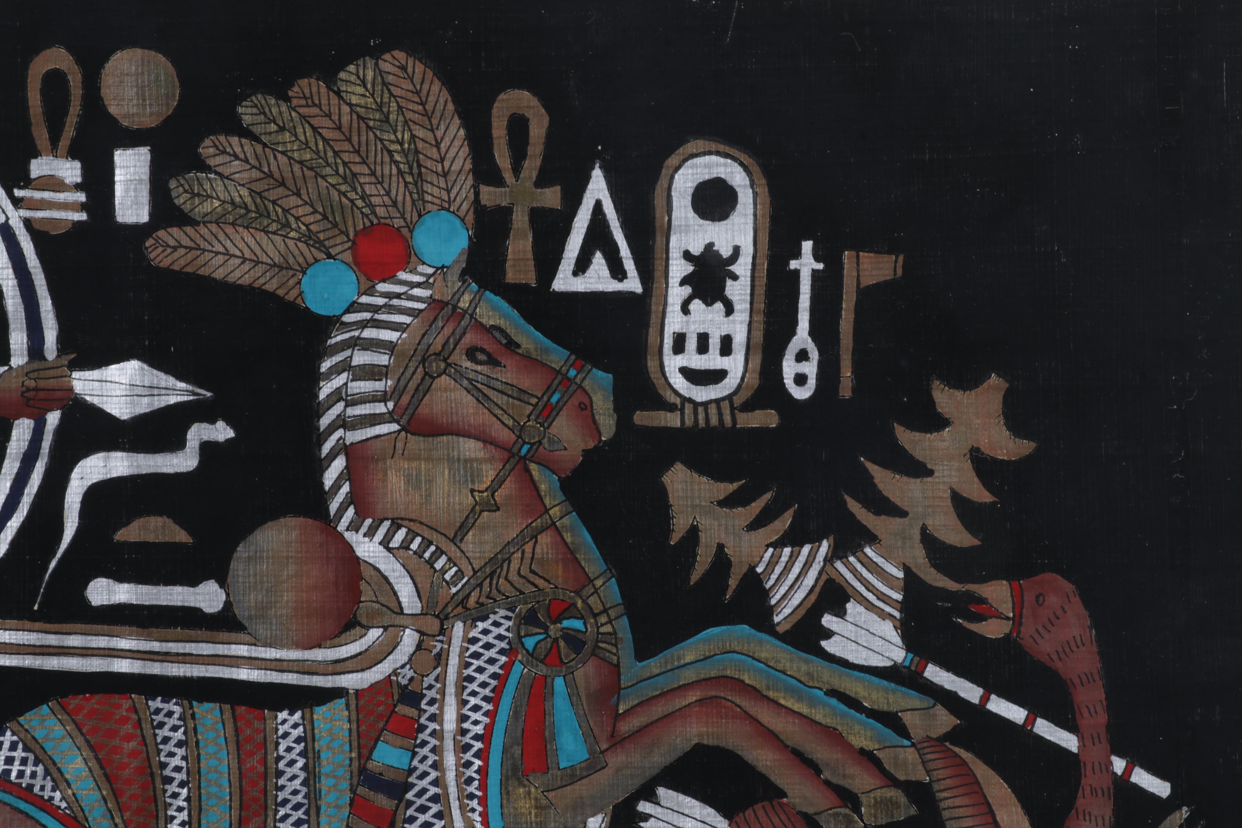 Egyptian Inspired Gouache and Ink Painting of Archer Hunting From Chariot