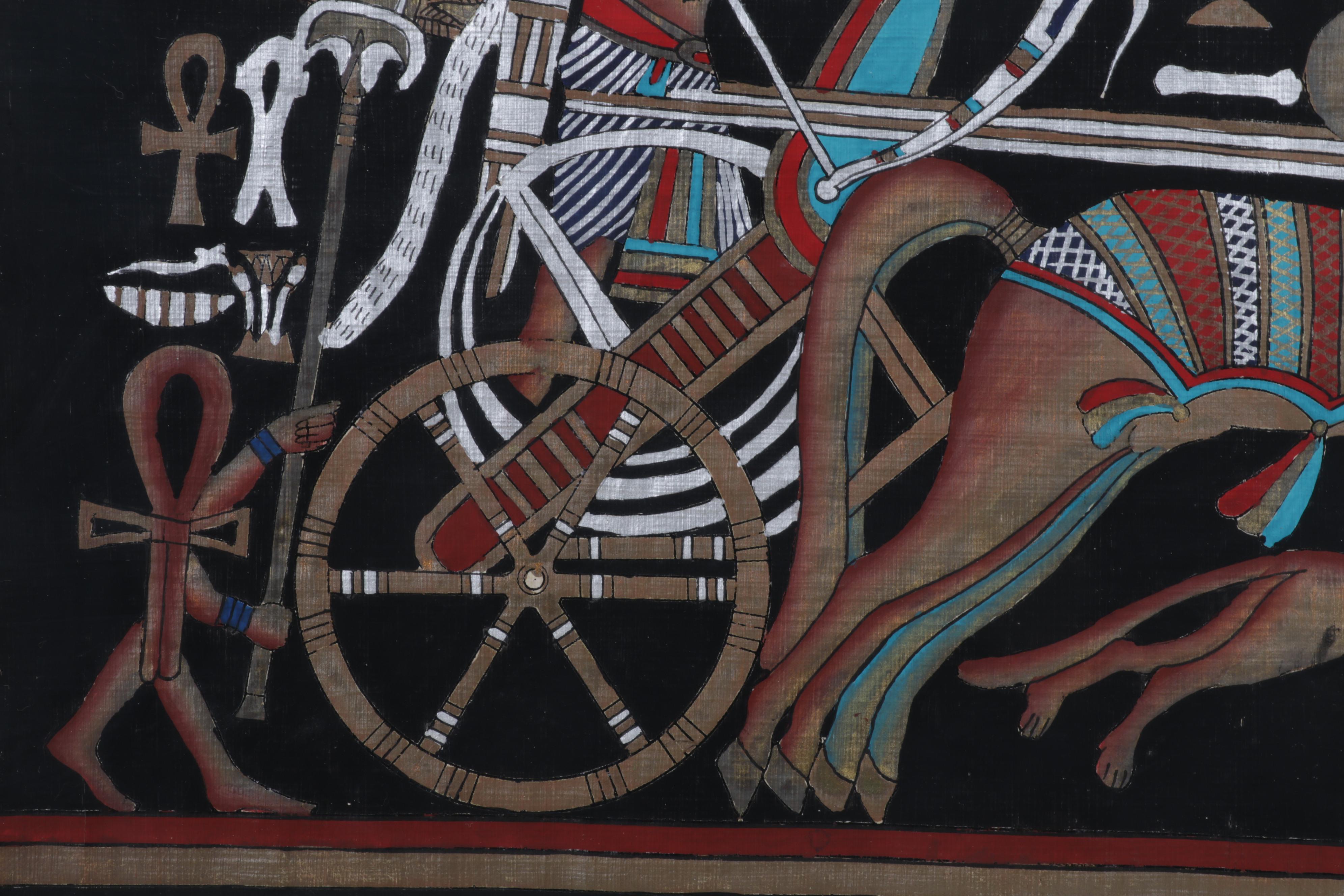 Egyptian Inspired Gouache and Ink Painting of Archer Hunting From Chariot