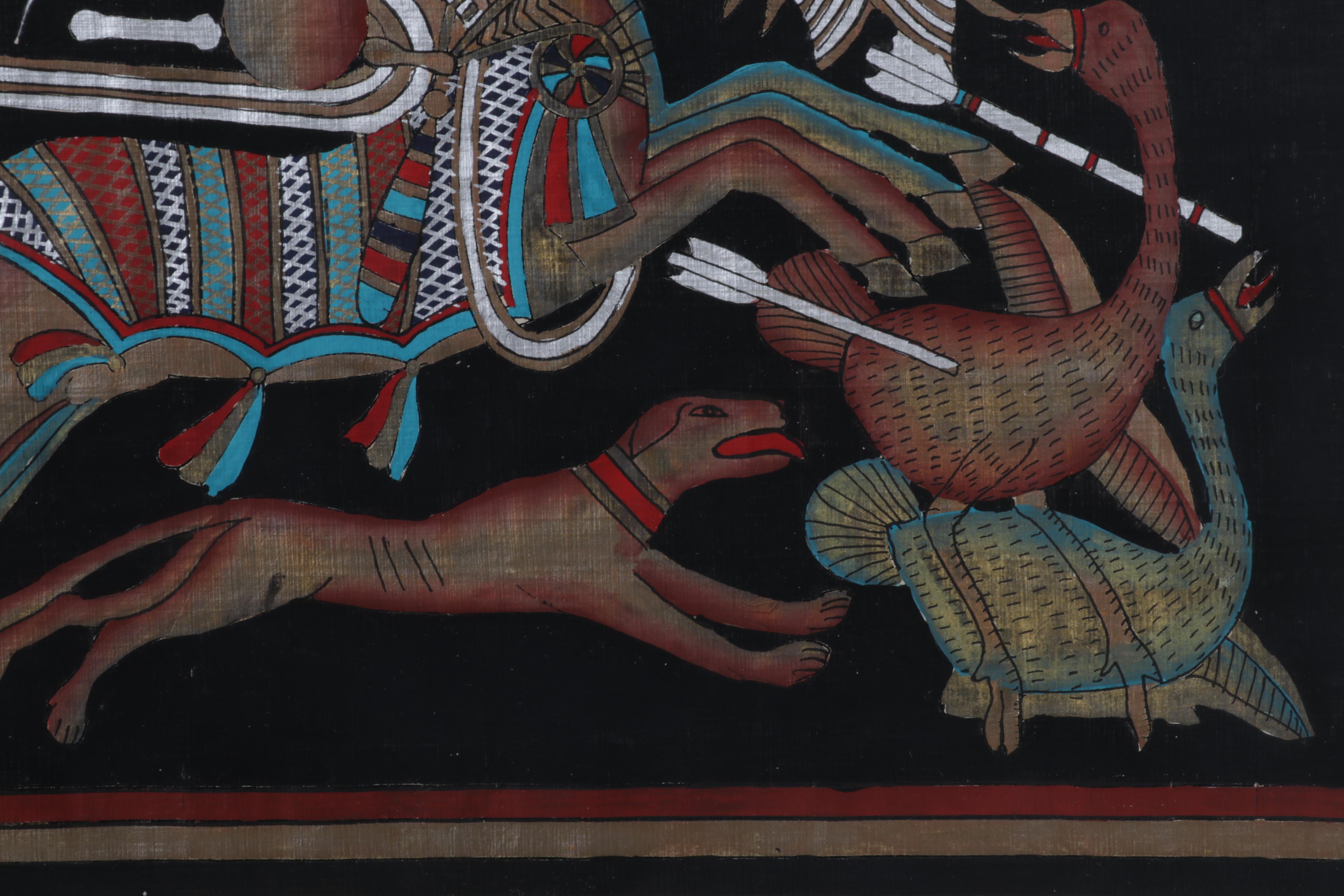 Egyptian Inspired Gouache and Ink Painting of Archer Hunting From Chariot