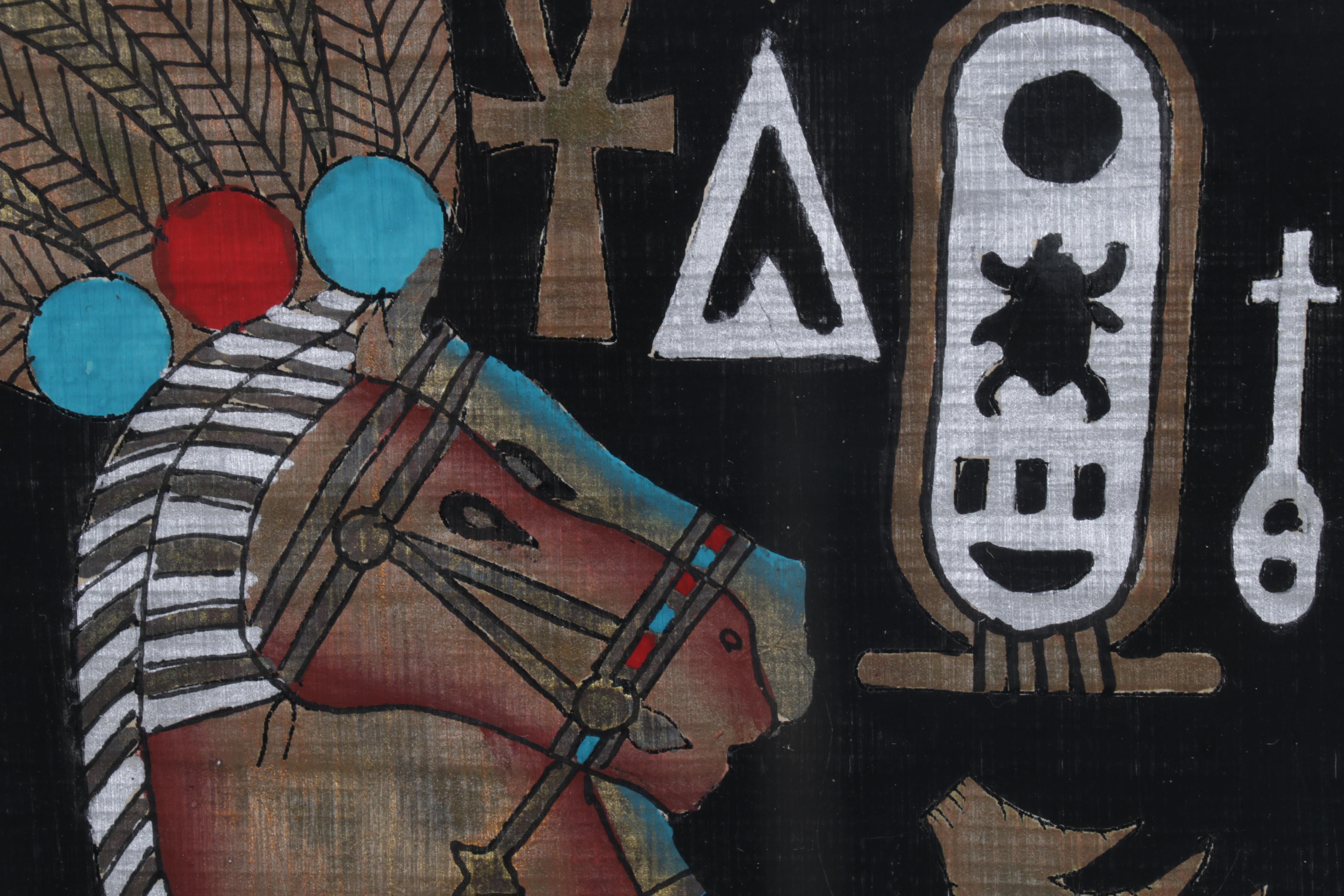 Egyptian Inspired Gouache and Ink Painting of Archer Hunting From Chariot