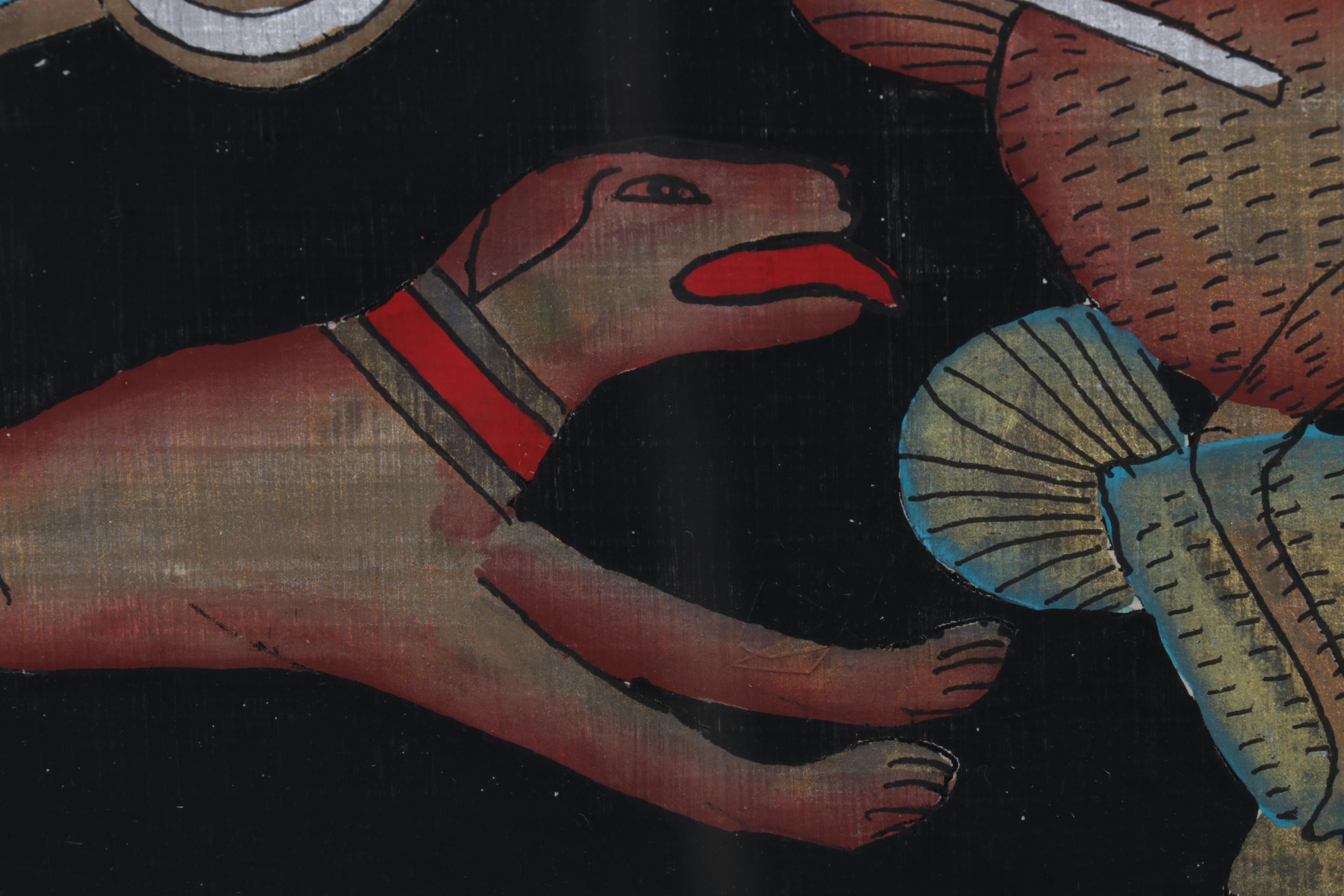 Egyptian Inspired Gouache and Ink Painting of Archer Hunting From Chariot