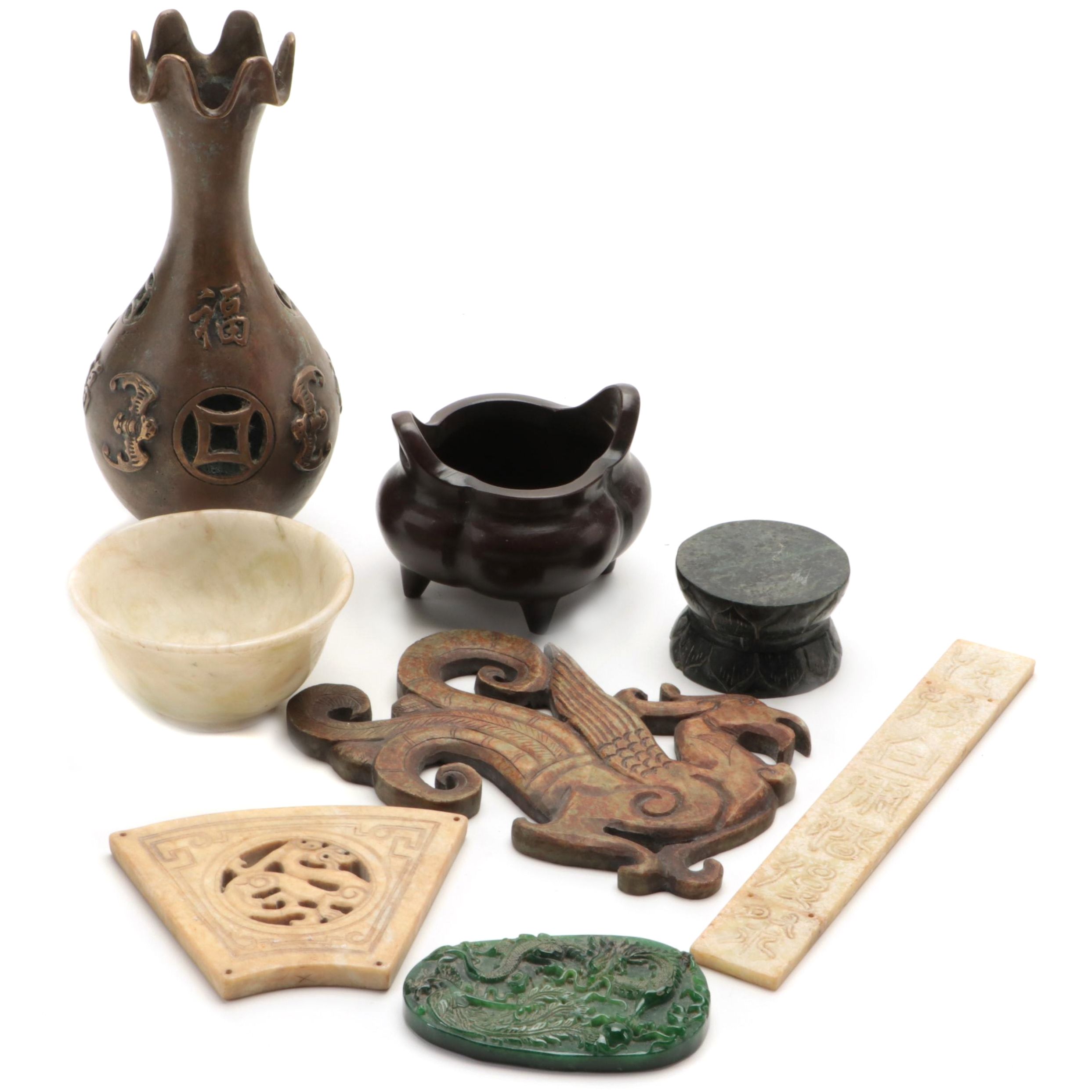 Chinese Turned Stone Bowl with Other Bonze Vase and Other Décor