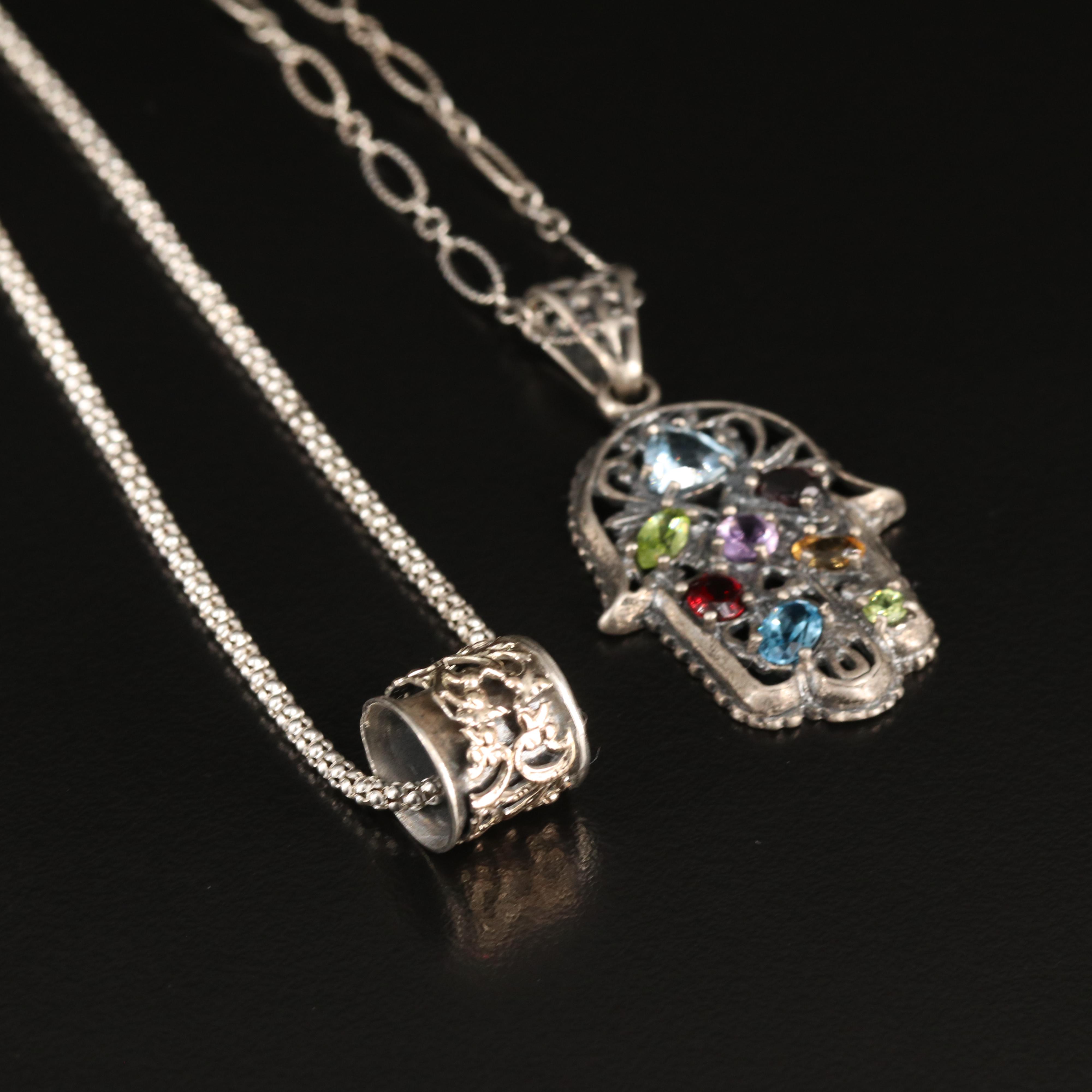 Sterling Gemstone Hamsa and Spinner Pendant Necklaces Including 10K Accent
