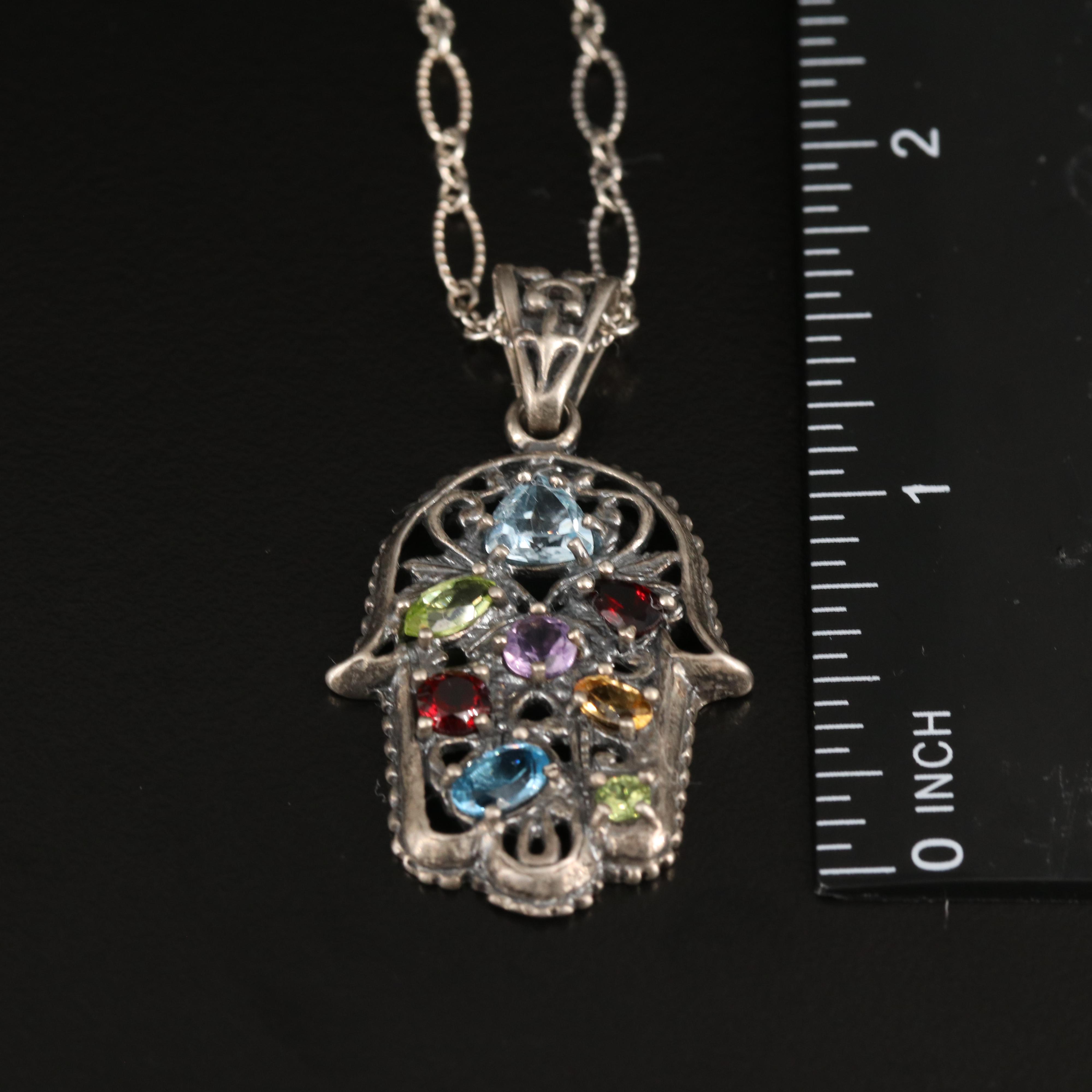 Sterling Gemstone Hamsa and Spinner Pendant Necklaces Including 10K Accent