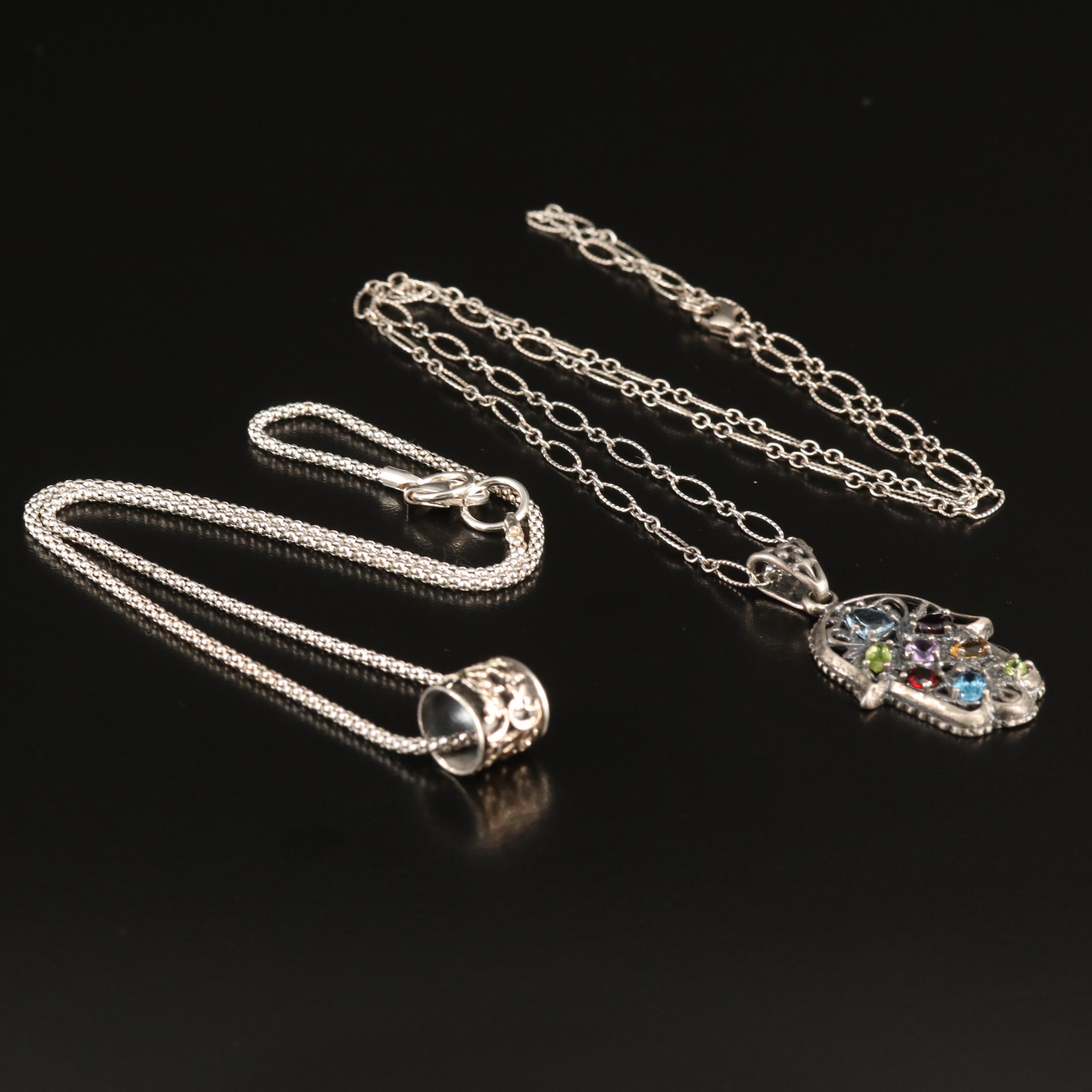 Sterling Gemstone Hamsa and Spinner Pendant Necklaces Including 10K Accent