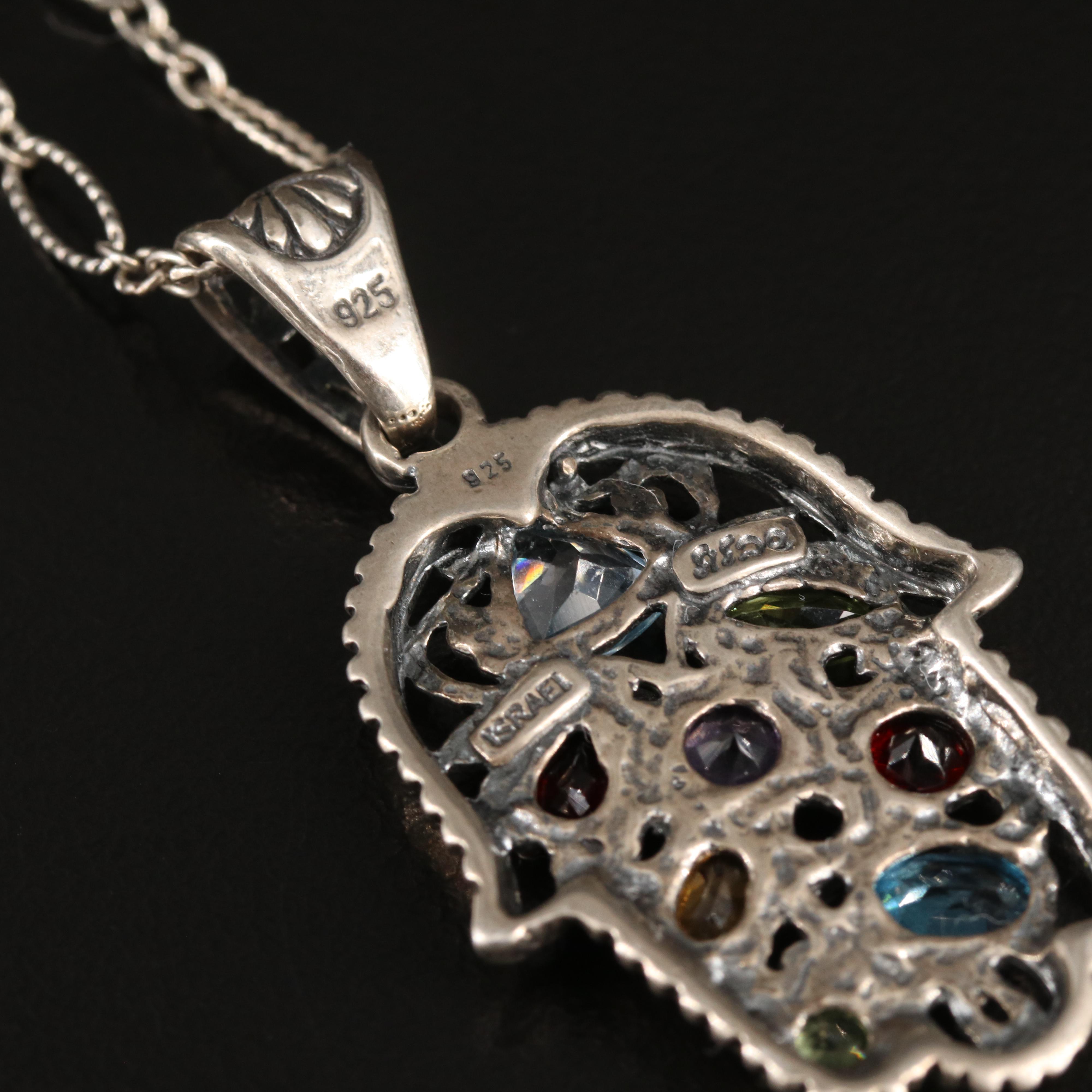 Sterling Gemstone Hamsa and Spinner Pendant Necklaces Including 10K Accent